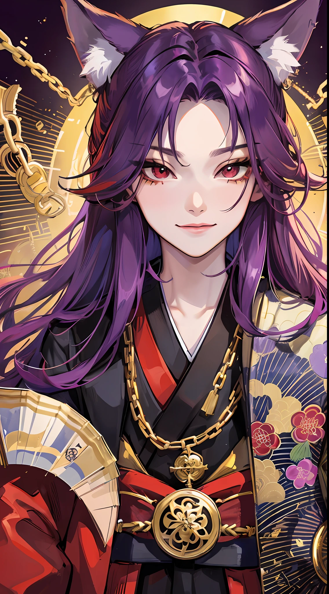 Young boy, long purple hair, fox ears, red eyes, kimono, fan, golden chains, smirk, masterpiece, high quality