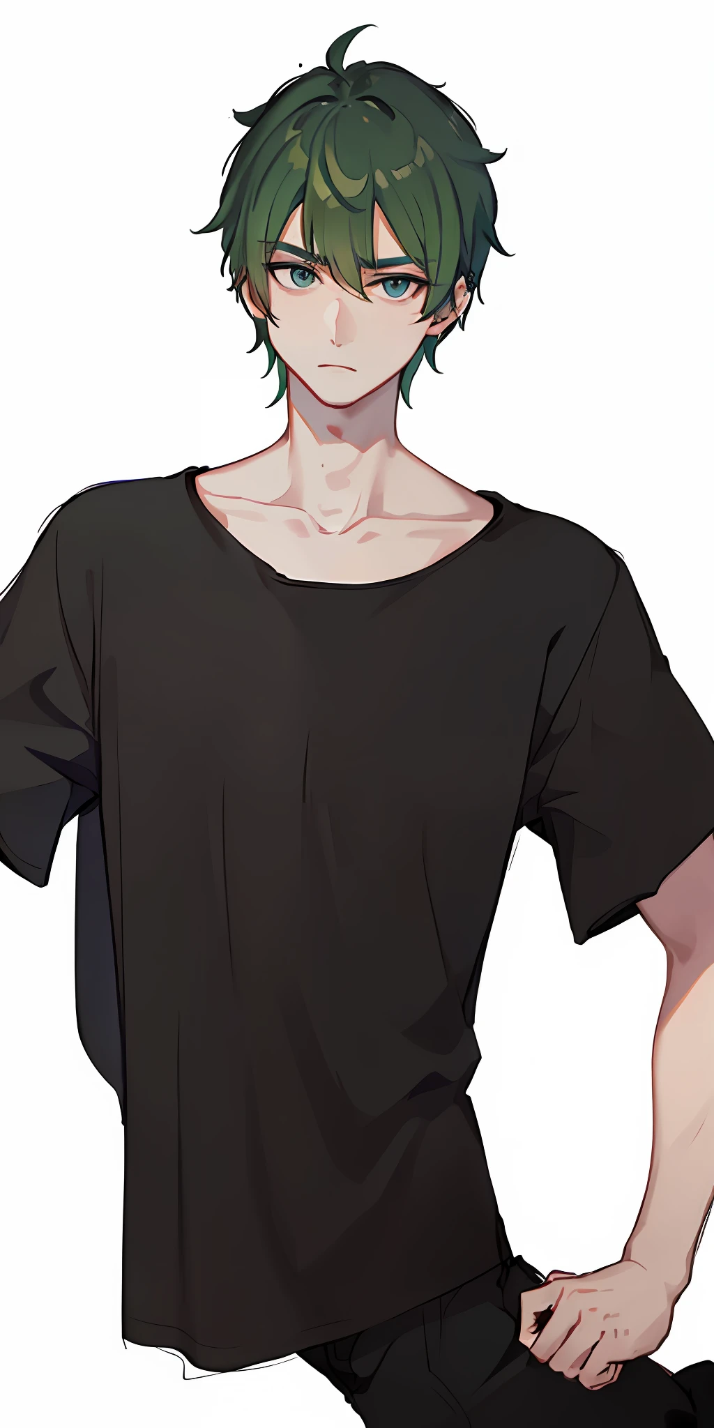 A man with short green hair, expression would be and handsome, tall, wearing a black T-shirt, cord on the neck, black earring on the left ear, looking at spectator, image focusing on the face, white background