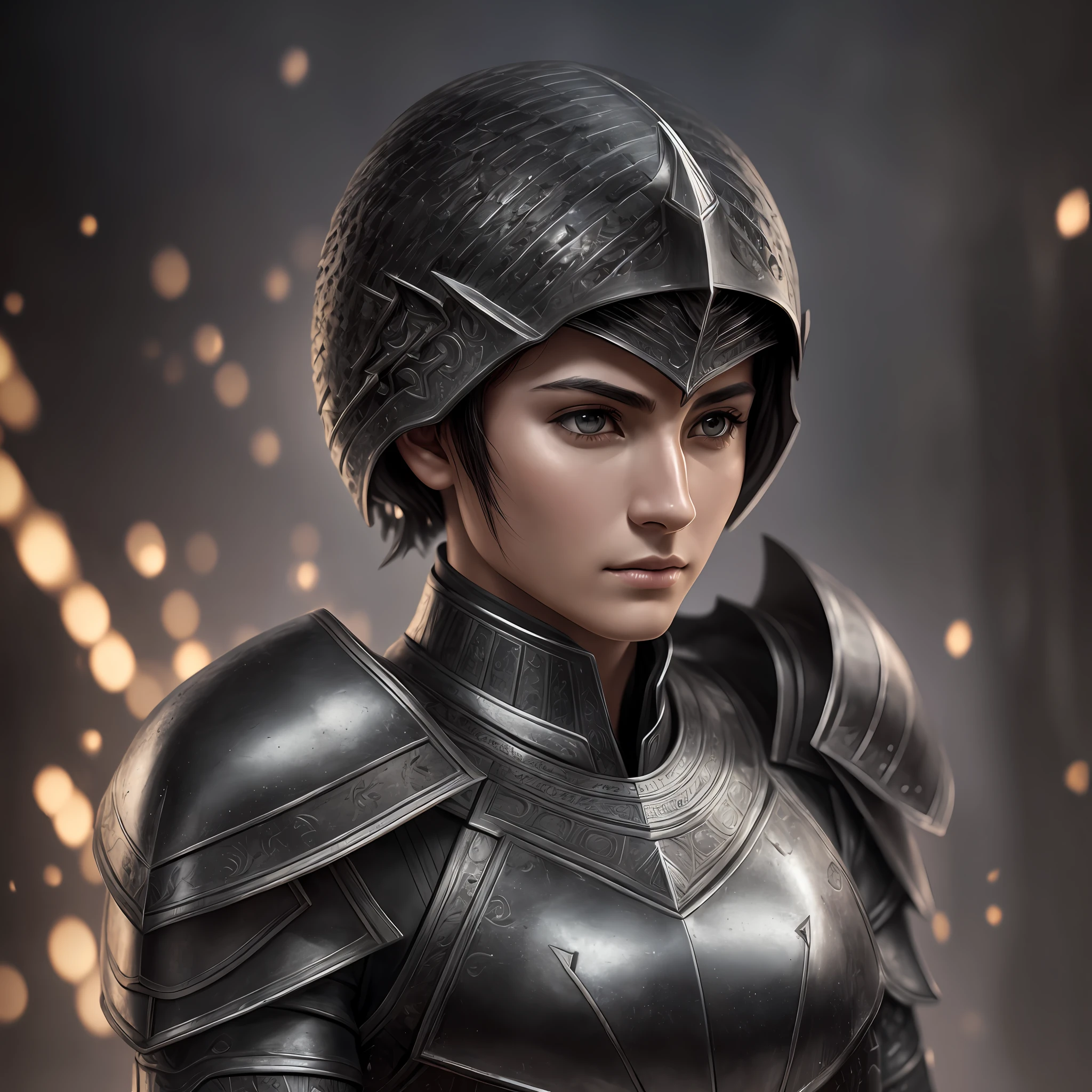 best quality, masterpiece, highres, black detailed armor, graphite black, gueirreiro, christian warrior, joan of arc, mature woman with short black hair, black eyes, beautiful face, serious face, a little muscular, androgynous conceptual art style, photorealistic, atmospheric perspective, hybrid, open sky, edge lighting, two-tone lighting, (high detailed skin: 1.2), 8k uhd, dslr, soft lighting, high quality, volumetric lighting, candid, photography, high resolution, 4k, 8k, full body