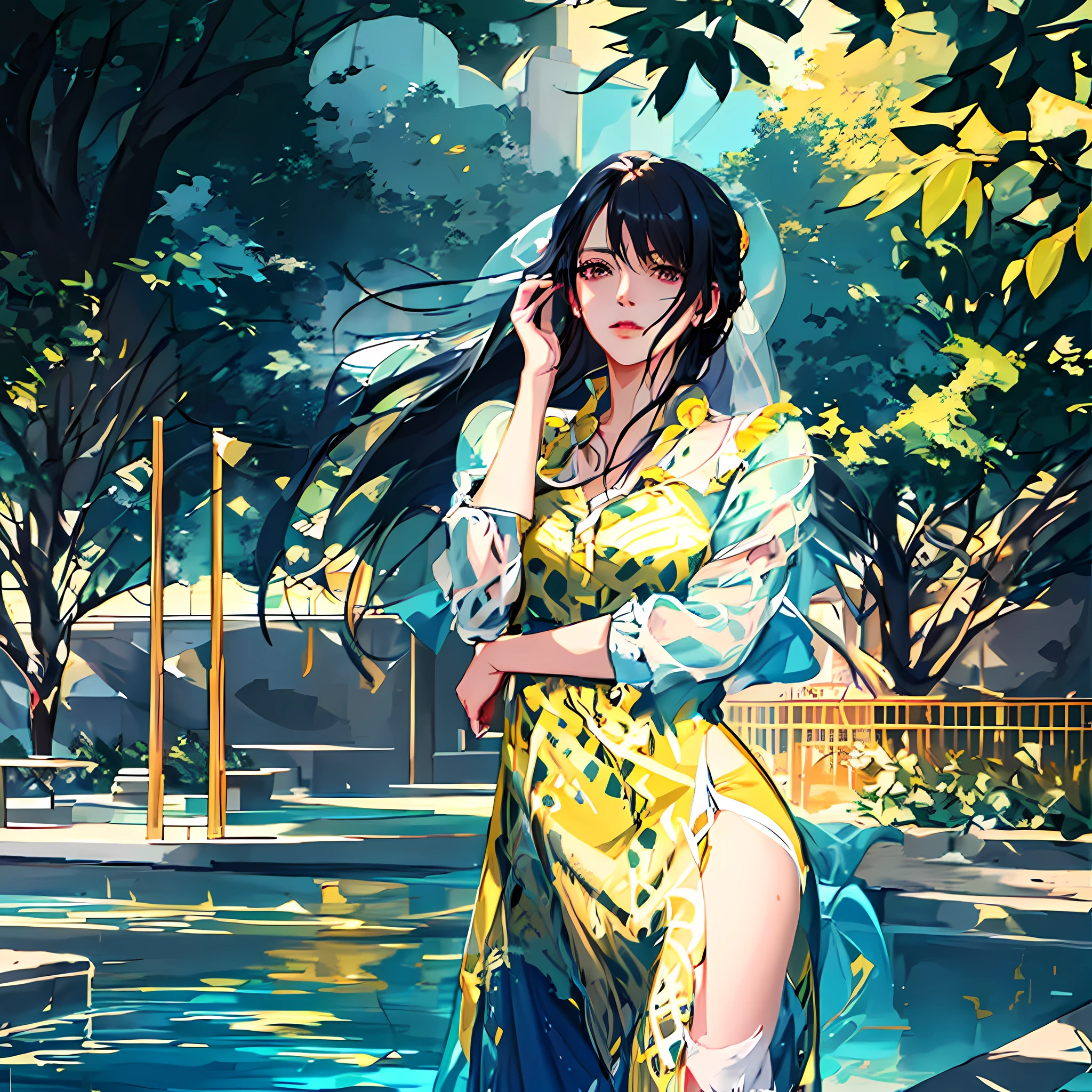 anime girl in yellow dress standing by a pool with her hand on her head, beautiful character painting, artwork in the style of guweiz, a beautiful artwork illustration, highly detailed exquisite fanart, trending on artstration, in the art style of bowater, beautiful illustration, smooth anime cg art, palace ， a girl in hanfu, digital anime illustration