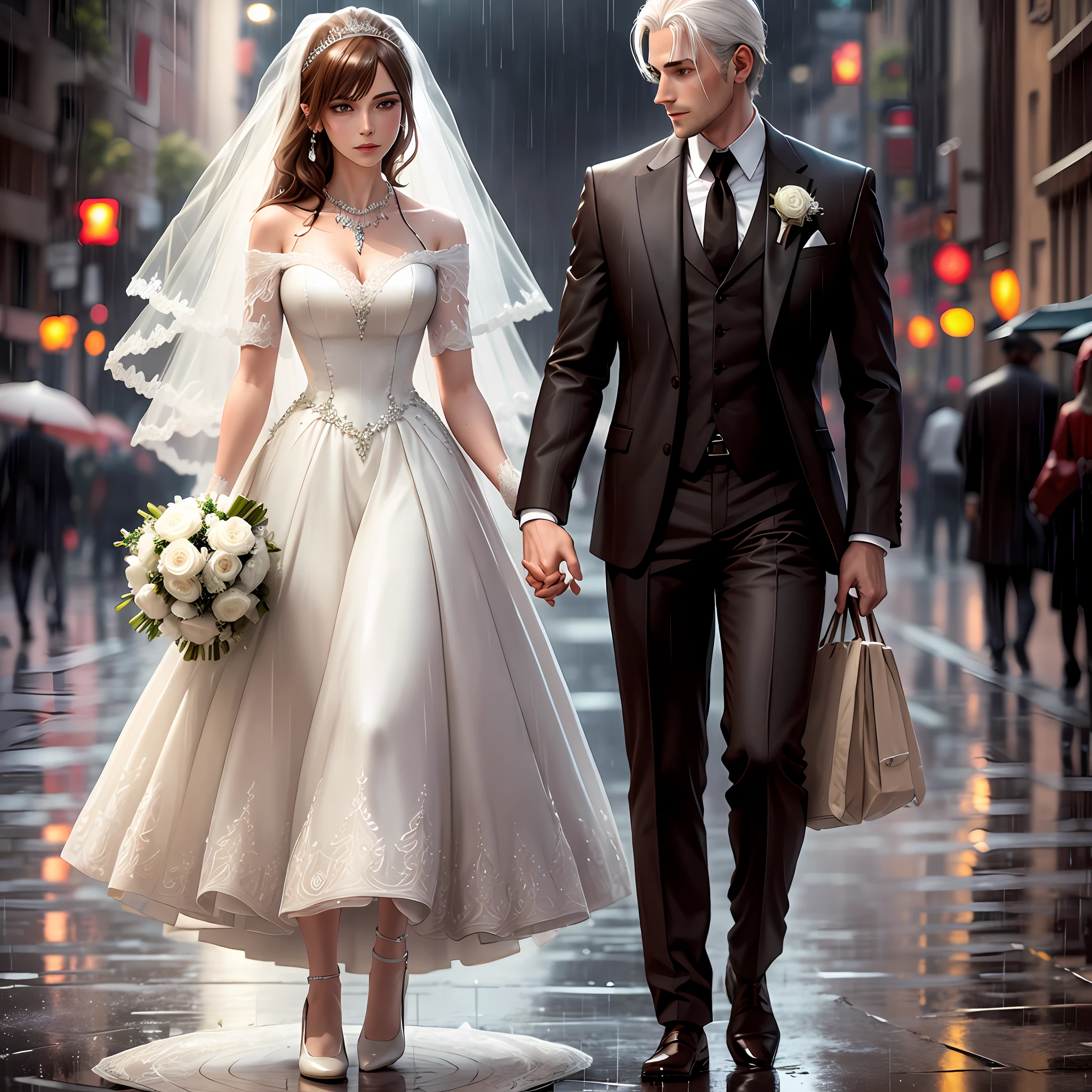 Medium, male, suit, brown hair, 187 height. Female, white hair, wedding dress, 170 height, crystal diamond necklace. Take a walk in the rain