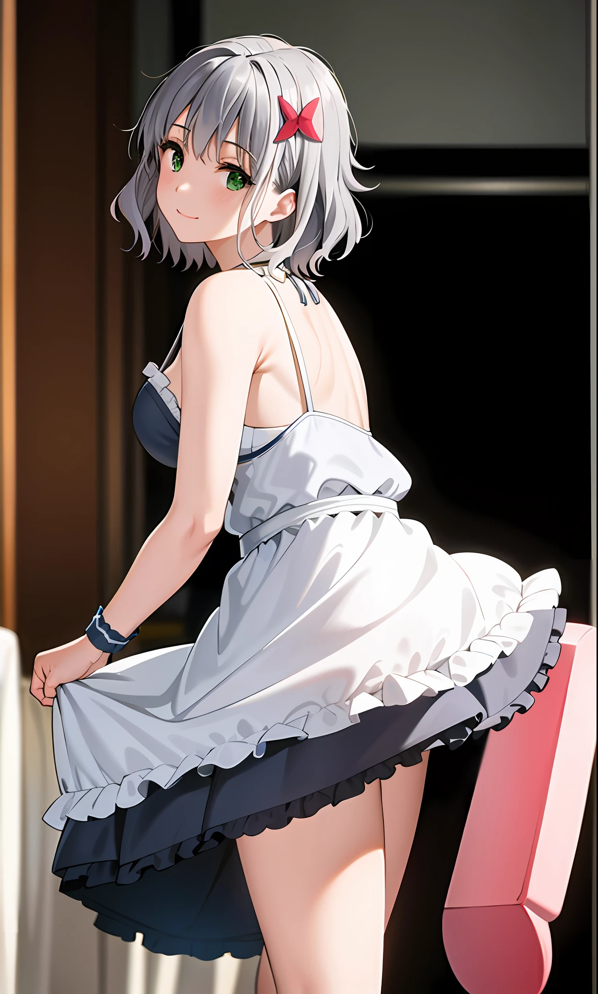 Top quality, (Masterpiece: 1.2), Very detailed, Own room, 1 girl, Solo, (muse), smile, watch the viewer, gray hair, circle of angels, short hair, hair ornament, green eyes, light in the eyes, white underwear, in the middle of dressing, realistic, from the knees up, glowing skin, fair skin, (medium breasts) ultra-realistic, realistic, photorealistic, portrait, blur,