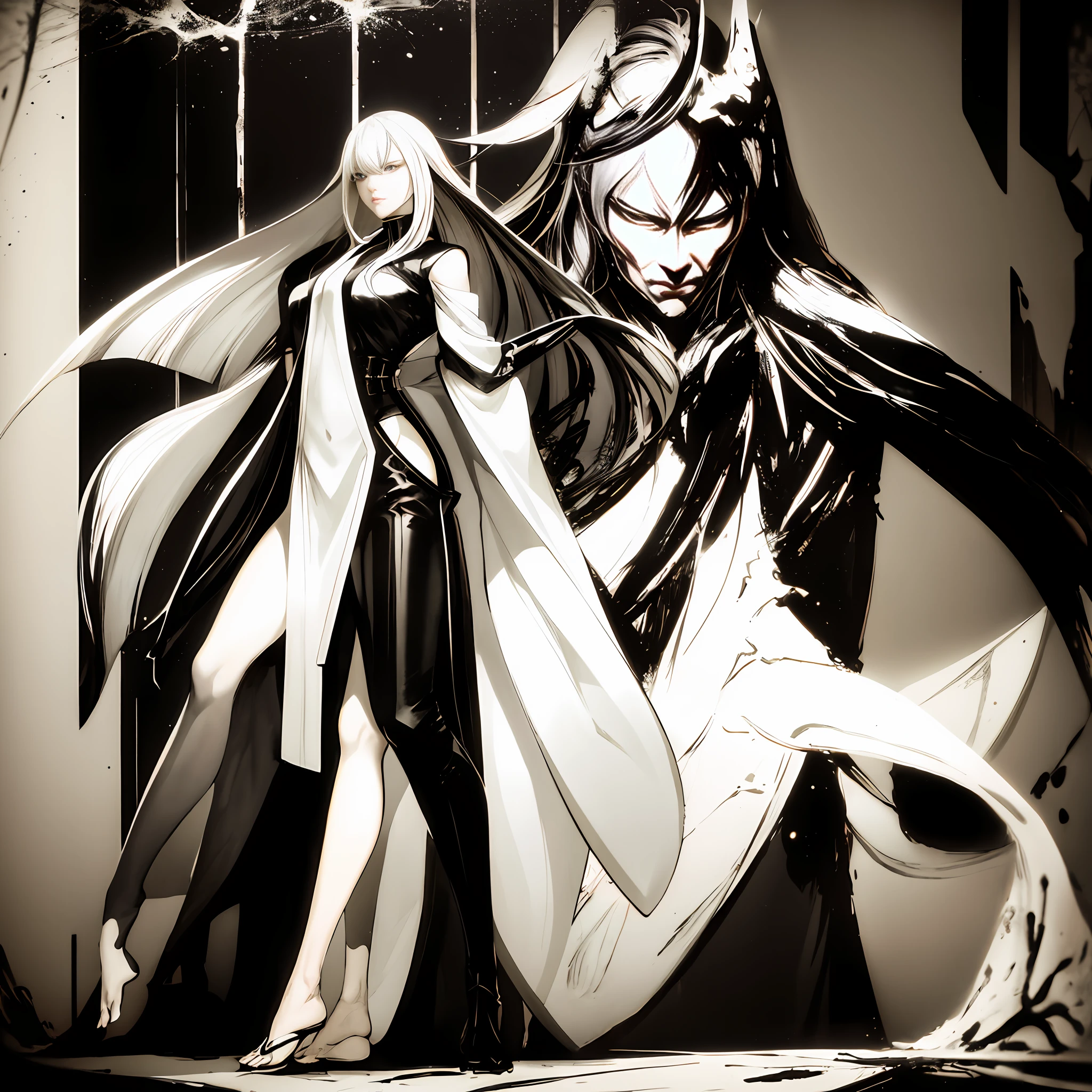 Pen black and white manga, grayscale, Japanese master black and white anime works, great line art, full body portrait of a woman with white hair and white skin from Kushanji, real dim light and shadow, light and shadow following, beautiful figure painting, height 180cm, Guviz, Guwiz style artwork, white hair god, Yang J, epic exquisite character art, amazing character art, Fan Qi, Wu Jun Shifan, Guwiz at Pixiv Art Station