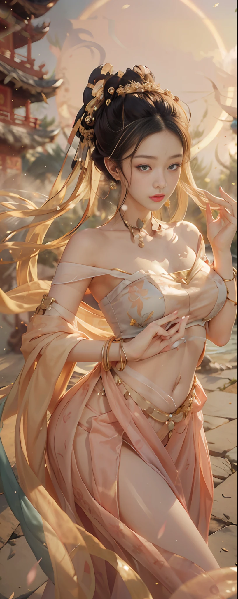RAW Photo, Tyndall Light Effects, Realistic, (Photo Real: 1.3), Best Quality, Masterpiece, Ultra Detailed, Extreme Detail, 8k Wallpaper, Realistic Detail, Cinematic Lighting, Illustration, upper_body, Dynamic Angle, World Mastery Theater, Best Quality, Monet's Garden, Extremely Delicate Beautiful Girl, Full Body Portrait, Perfect Face, Delicate Facial Features, Perfect Hands, Delicate Eyelashes, Delicate Eyes, Ancient Chinese Hairstyles, Hairpins, Earrings, Bracelets, Waist Accessories, Supple Fair Skin, Sexy collarbone, Double girls dance, dunhuang_dress, off-the-shoulder, transparent fabric, stunning beauty, belly, navel, amazing, sexy, peach blossom eyes, light makeup, smile, lens_flare, Buddhist purification, temple pillars, mural background, messy, very detailed lotus, streamers, floating, Chinese lanterns, some fluttering petals
