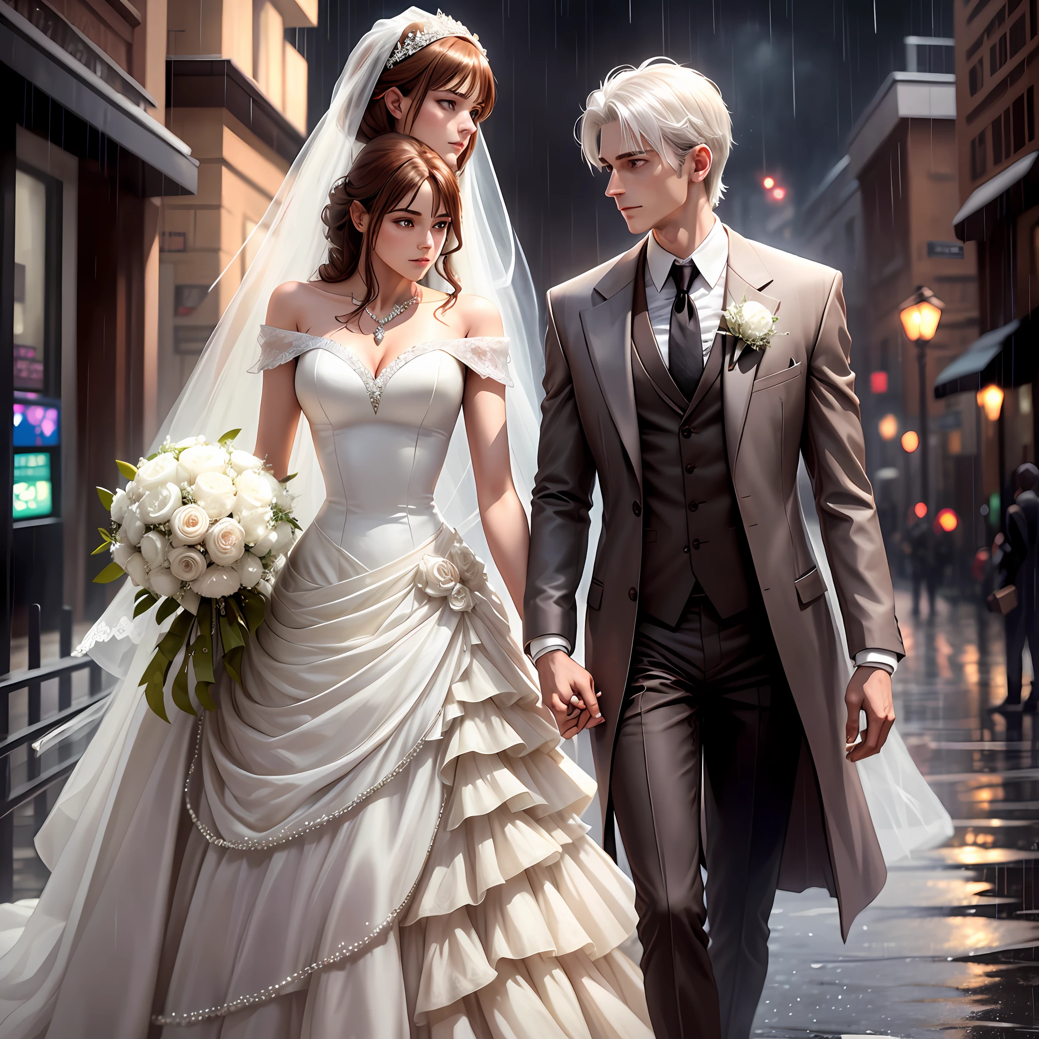 Medium, male, suit, brown hair, 187 height. Female, white hair, wedding dress, 170 height, crystal diamond necklace. Take a walk in the rain