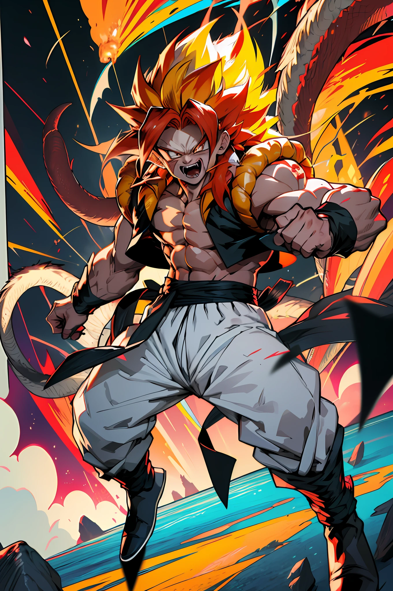 Ultra Supersayajin, long hair diamond yellow color and red eyes with black outlines painted around the eyes,white clothing with dragon tatoon print, open mouth screaming, fighting with another supersayajin with red hair, lots of fury against enemy, scenery in heaven and earth destroying everything