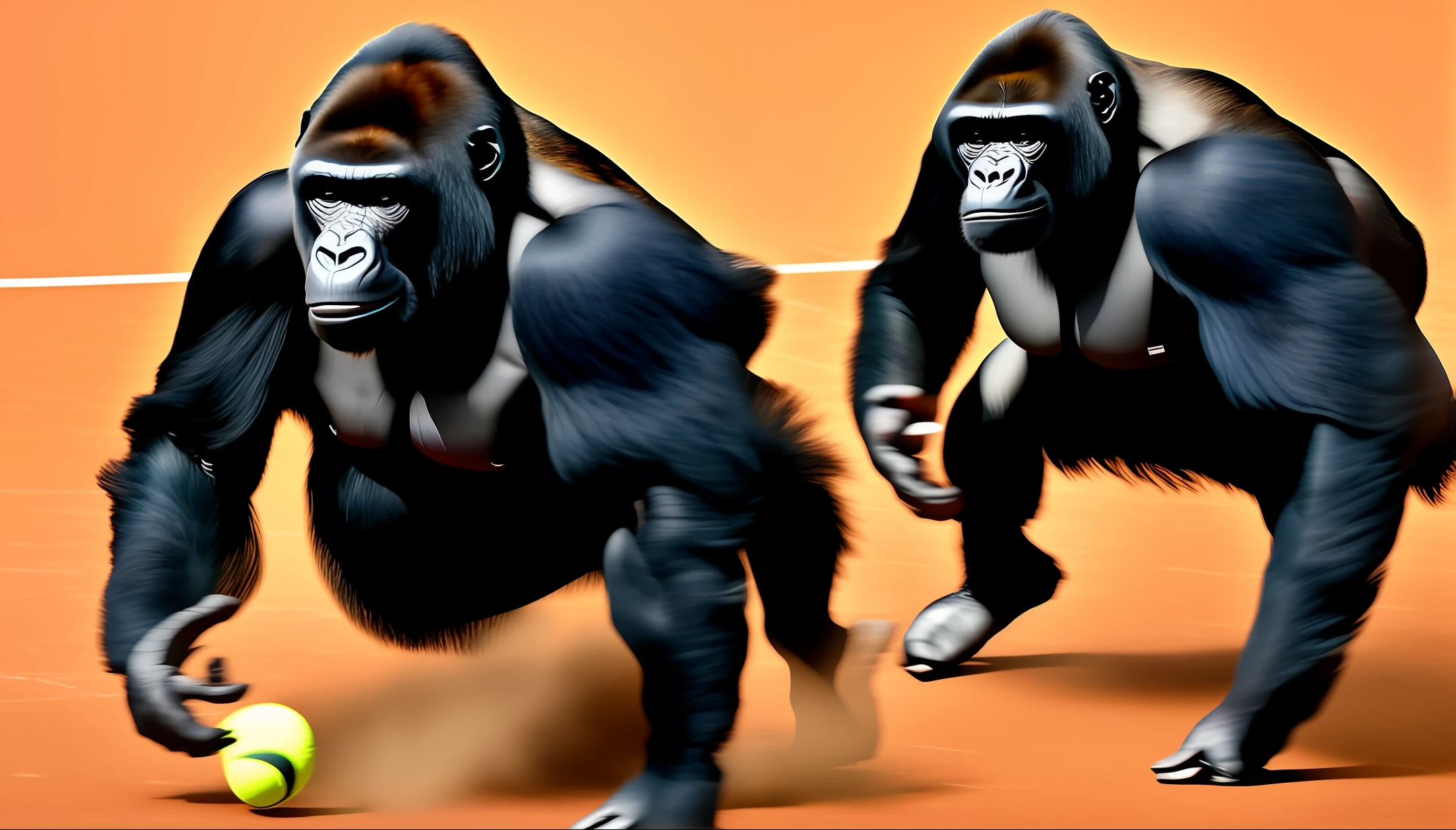 There is a gorilla playing tennis in the center of the court. The gorilla is black and has strong muscles spread throughout its body. It grips a tennis racket in its hands and is diligently chasing the ball. Despite its large physique, the gorilla moves with agility, returning the ball and occasionally unleashing astonishing smashes. The surrounding spectators are in awe, overwhelmed by the gorilla's play. It dashes across the court in an instant and its powerful strikes are truly impressive. The gorilla's playing style is a remarkable fusion of strength and grace, delivering a new level of excitement to the world of tennis.