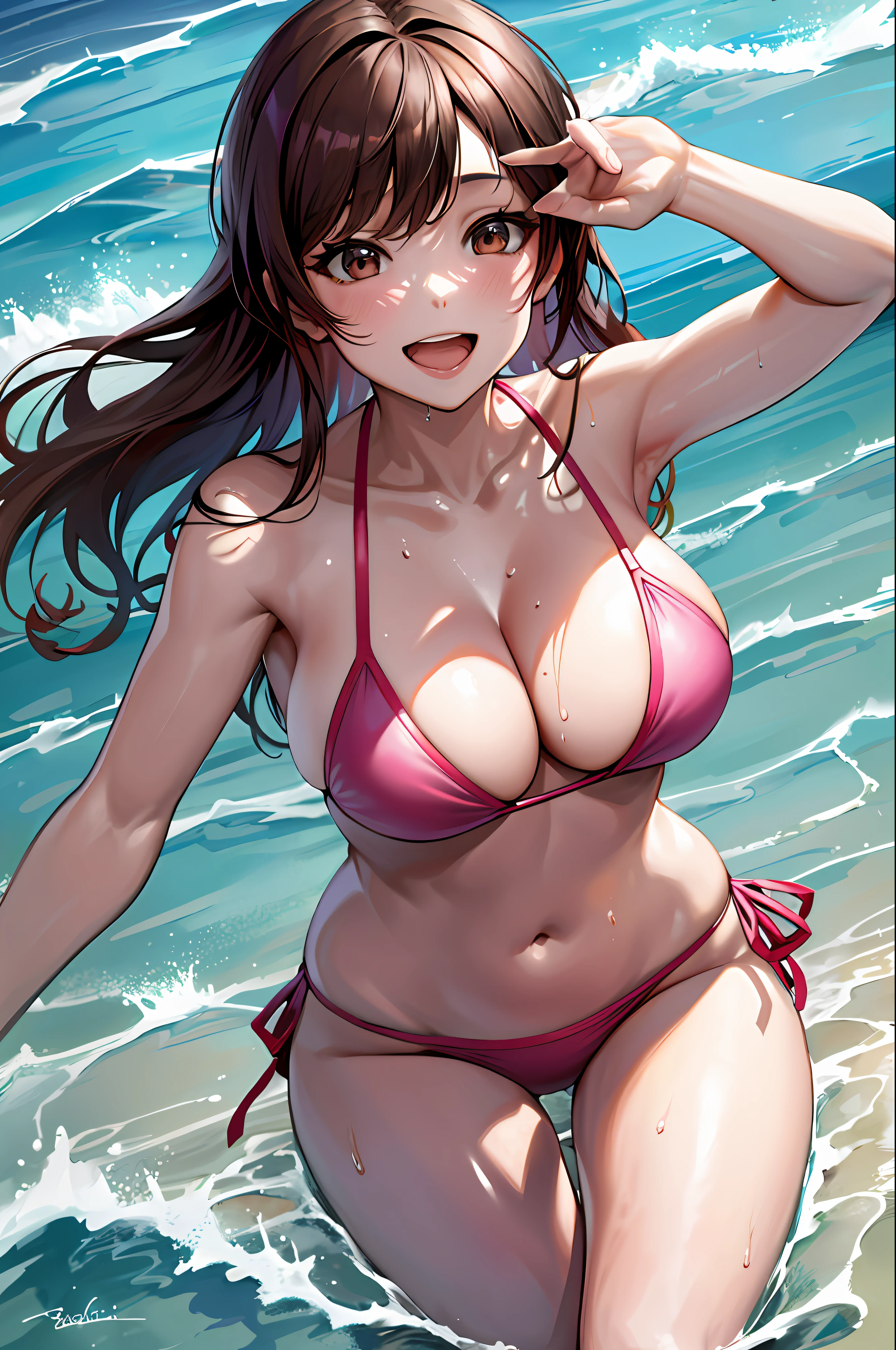masterpiece, best quality, highres, chi1, 1girl, one_side_up, solo, bikini, navel, pink bikini, collarbone, side-tie bikini bottom, large breasts, bangs, cleavage, beach, reaching out, smile, open mouth, wet, ocean,