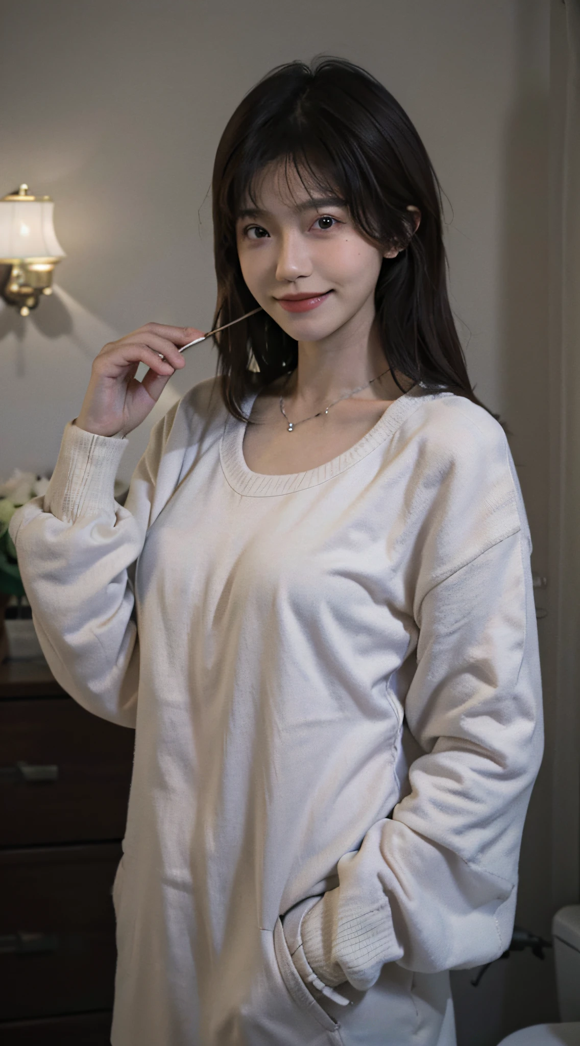 ((Night, Realistic Light, Best Quality, 8K, Masterpiece: 1.3)), 1girl, Slim Beauty: 1.4, Abs: 1.1, (Brown hair, Medium breasts: 1.3), Long pink sweater: 1.1, Bathroom, Super fine face, Delicate eyes, Double eyelids, smile, necklace Live 8K highest quality picture quality pulled