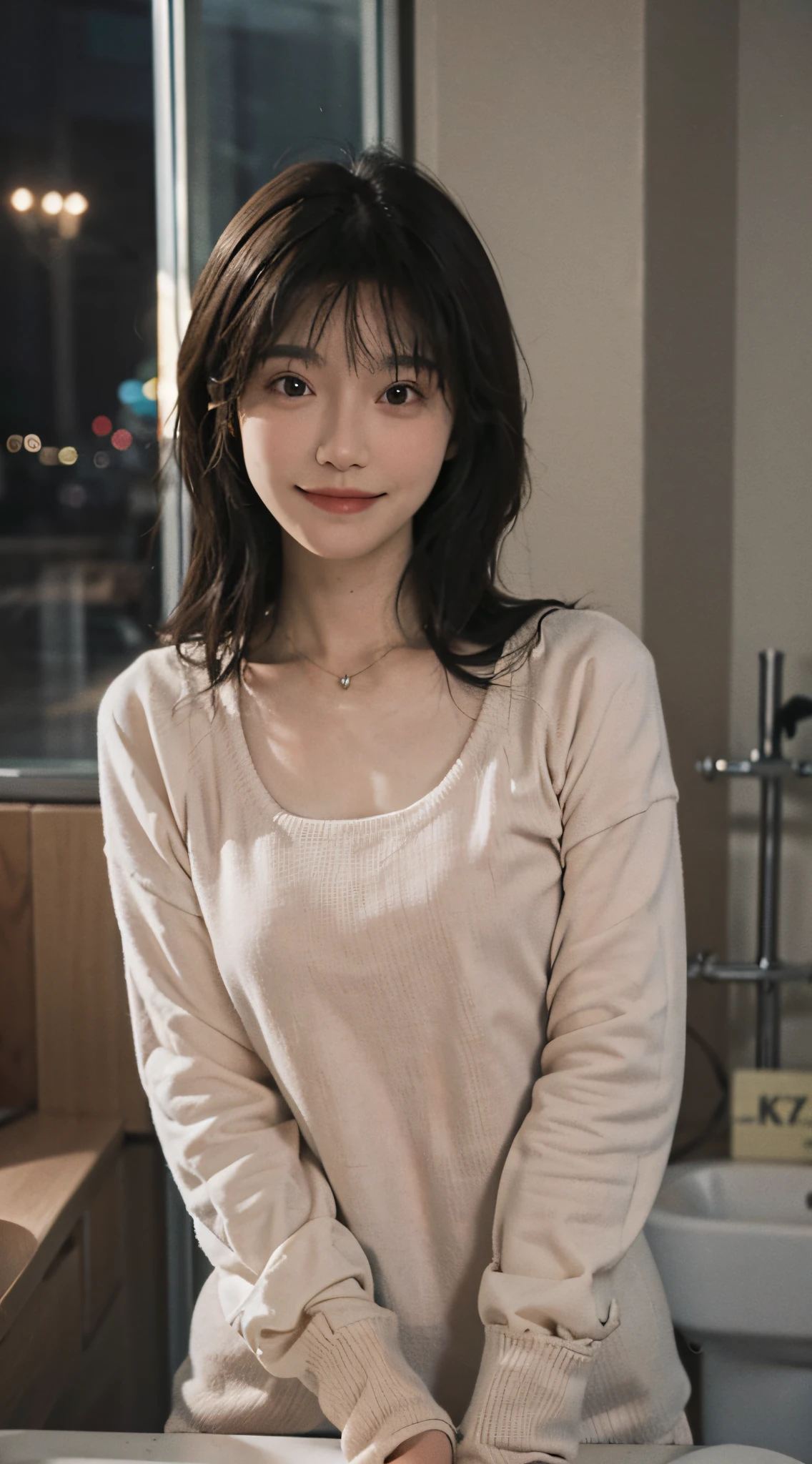 ((Night, Realistic Light, Best Quality, 8K, Masterpiece: 1.3)), 1girl, Slim Beauty: 1.4, Abs: 1.1, (Brown hair, Medium breasts: 1.3), Long pink sweater: 1.1, Bathroom, Super fine face, Delicate eyes, Double eyelids, smile, necklace Live 8K highest quality picture quality pulled