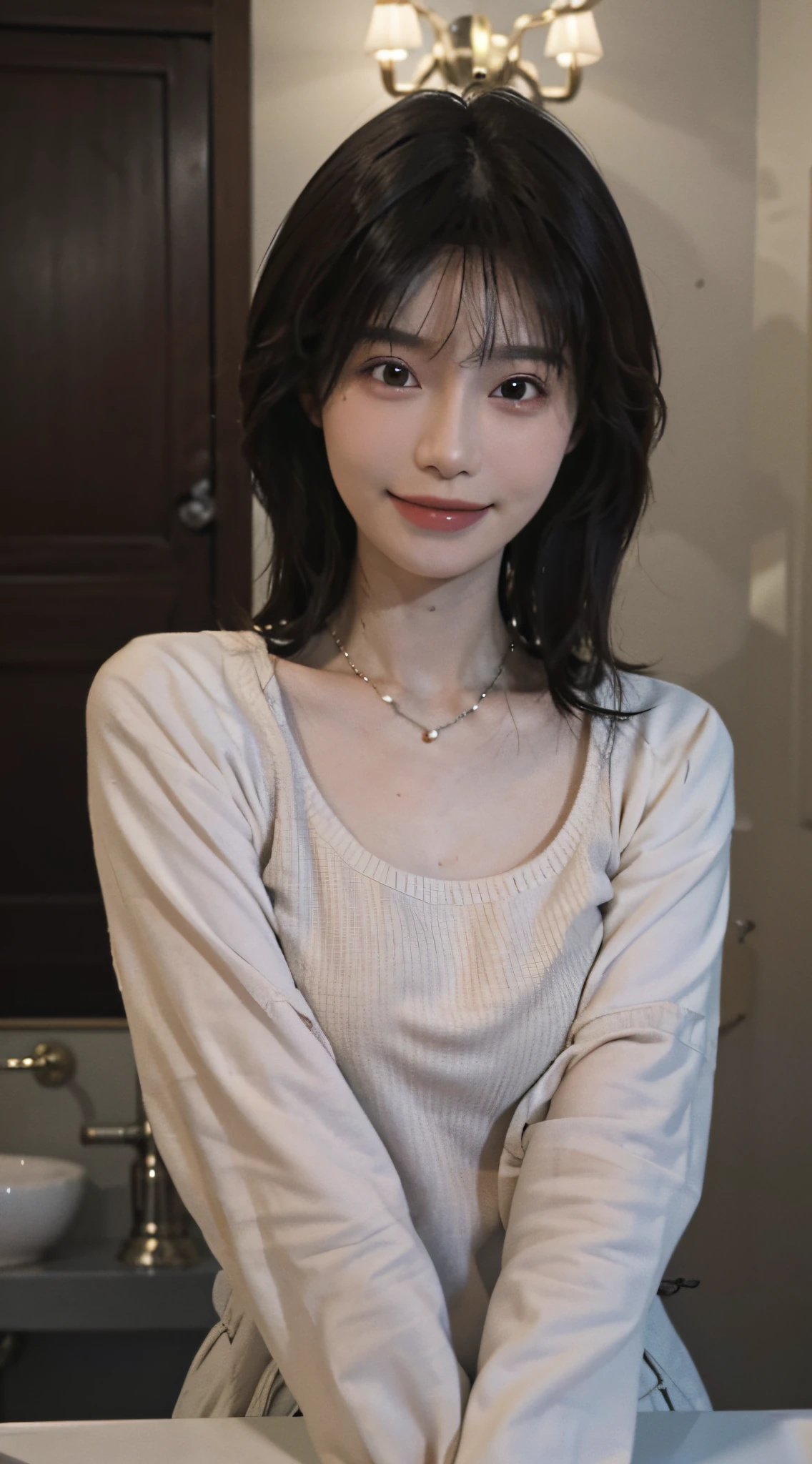 ((Night, Realistic Light, Best Quality, 8K, Masterpiece: 1.3)), 1girl, Slim Beauty: 1.4, Abs: 1.1, (Brown hair, Medium breasts: 1.3), Long pink sweater: 1.1, Bathroom, Super fine face, Delicate eyes, Double eyelids, smile, necklace Live 8K highest quality picture quality pulled