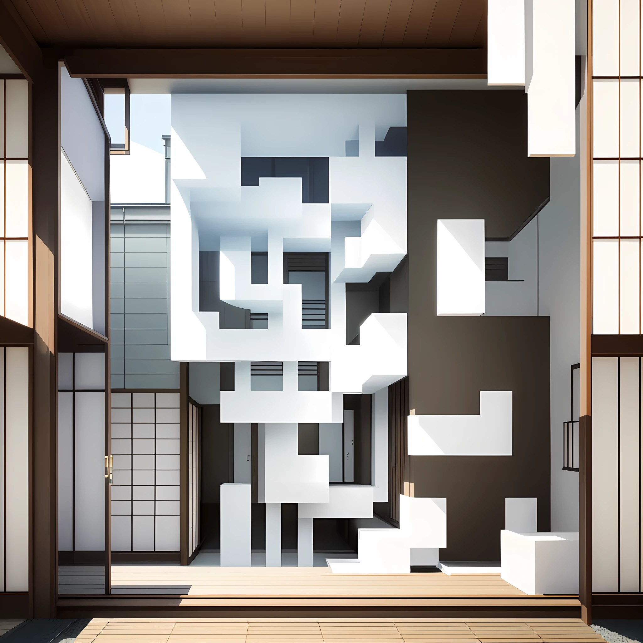 (modern japanese house outside,best quality, ultra-detailed),wide view,beautiful natural surroundings,cherry blossoms,good lighting,geometric pattern,clear blue sky,good angle,light breeze,beautiful curves,sculptural,showy,parametric,landscape,obvious vanishing point,minimalist appearance,zen appearance,elegant aesthetics,harmonious shape.