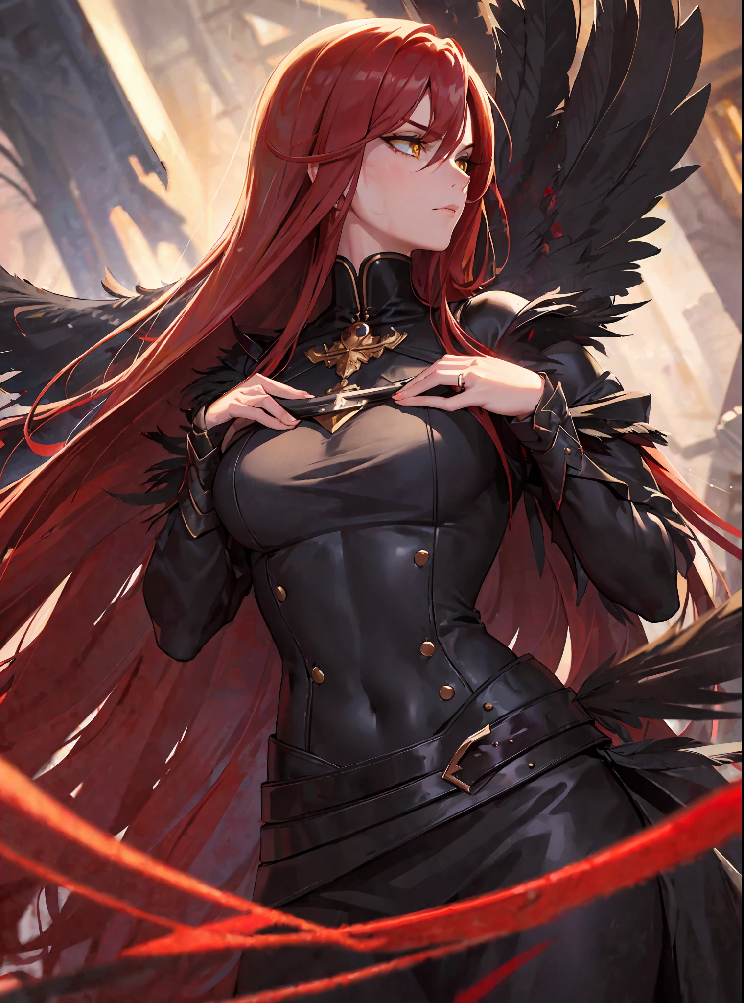 (masterpiece, best quality) an adult woman with very long red hair, ((black feathers)), ((close)), neckline, black ribbons, red leather, (profile picture), black bows, bodysuit, cold look, queen, good anatomy, correct proportions, torn clothes, queen, yellow eyes, serious, mysterious appearance, blood, emotionless, straight bangs, very long red hair, evil, (yellow eyes), gothic, medium chest, ((show from chest to head)), cinematics, color oil painting, solo, cinematic lighting, extremely detailed face, finely detailed face, beautiful face, beautiful eyes, perfect lighting, depth of field, realistic proportions, good anatomy