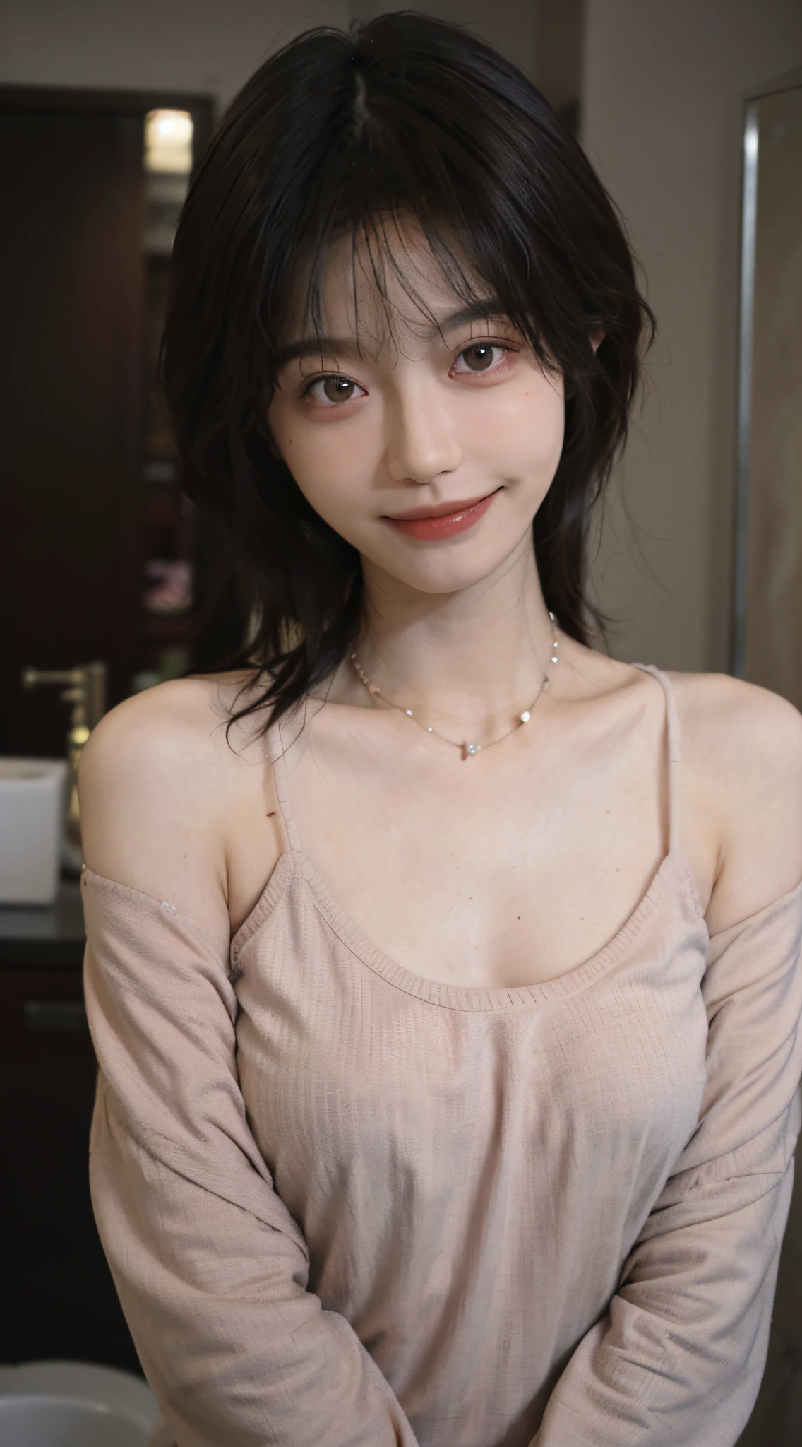 ((Night, Realistic Light, Best Quality, 8K, Masterpiece: 1.3)), 1girl, Slim Beauty: 1.4, Abs: 1.1, (Brown hair, Medium breasts: 1.3), Long pink sweater: 1.1, Bathroom, Super fine face, Delicate eyes, Double eyelids, smile, necklace