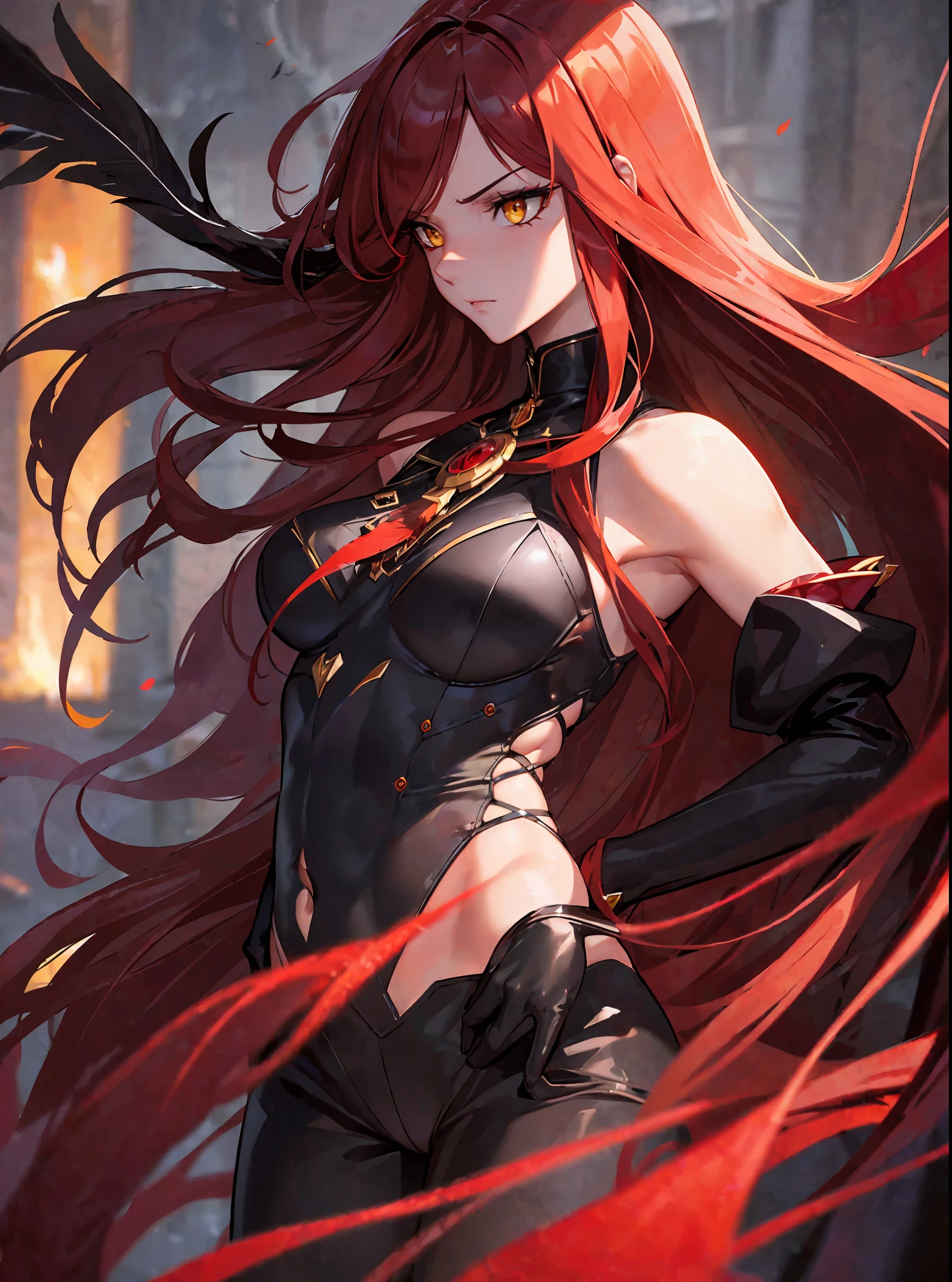 (masterpiece, best quality) an adult woman with very long red hair, ((black feathers)), ((close)), neckline, black ribbons, red leather, (profile picture), black bows, bodysuit, cold look, queen, good anatomy, correct proportions, torn clothes, queen, yellow eyes, serious, mysterious appearance, blood, emotionless, straight bangs, very long red hair, evil, (yellow eyes), gothic, medium chest, ((show from chest to head)), cinematics, color oil painting, solo, cinematic lighting, extremely detailed face, finely detailed face, beautiful face, beautiful eyes, perfect lighting, depth of field, realistic proportions, good anatomy