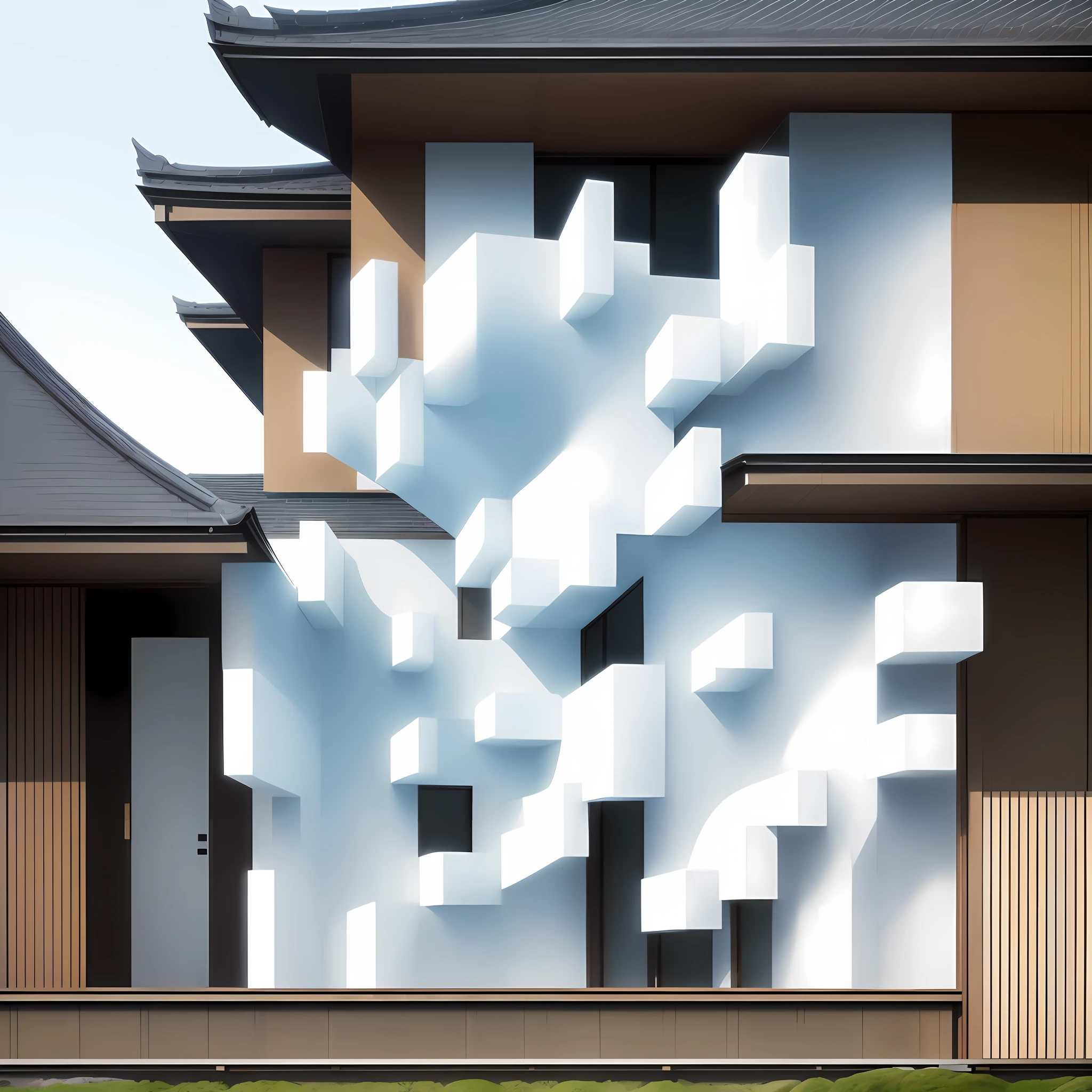 (modern japanese house outside,best quality, ultra-detailed),wide view,beautiful natural surroundings,cherry blossoms,good lighting,geometric pattern,clear blue sky,good angle,light breeze,beautiful curves,sculptural,showy,parametric,landscape,obvious vanishing point,minimalist appearance,zen appearance,elegant aesthetics,harmonious shape.