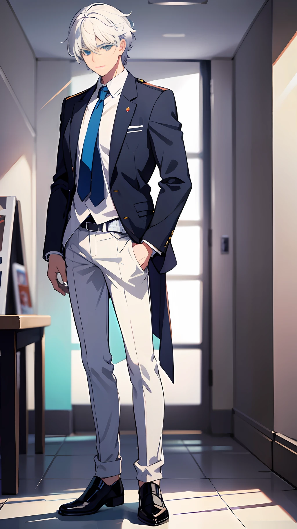full body, school uniform, full body, white background, standing, man, white hair, blue eyes, man,man, male student --auto --s2