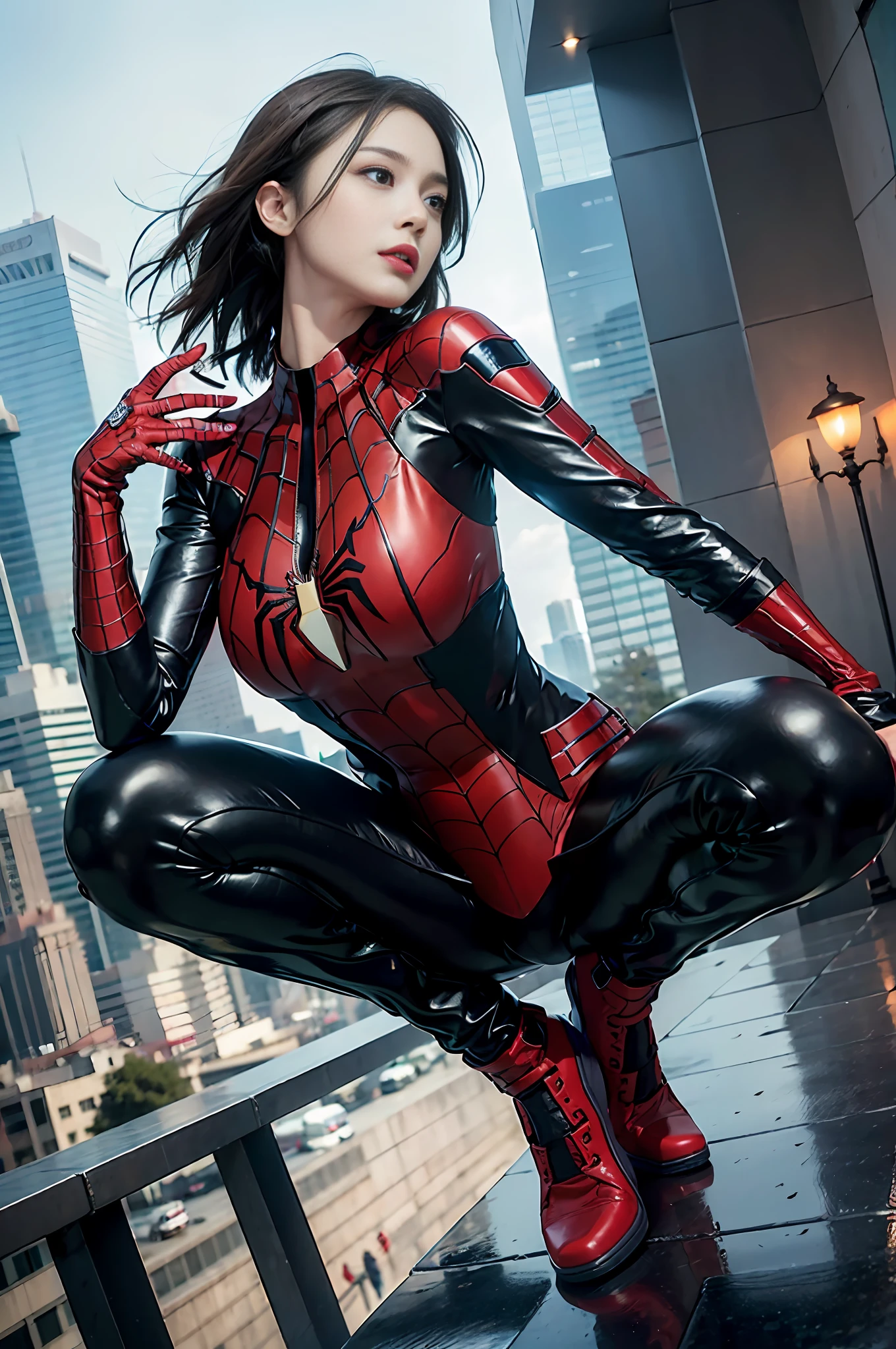 RAW, Masterpiece, Super Fine Photo,, Best Quality, Ultra High Resolution, Photorealistic, Sunlight, Full Body Portrait, Stunningly Beautiful, Dynamic Poses, Delicate Face, Vibrant Eyes, (Side View) , she is wearing a futuristic Iron Lady Spiderman costume, very detailed background, detailed face, detailed and complex busy background, messy, gorgeous, milky, high detailed skin, realistic skin details, visible pores, sharp focus, Volumetric fog, 8k uhd, dslr, high quality, film grain, fair skin, photorealism, lomography, sprawling metropolis in a futuristic dystopia, view from below, translucent