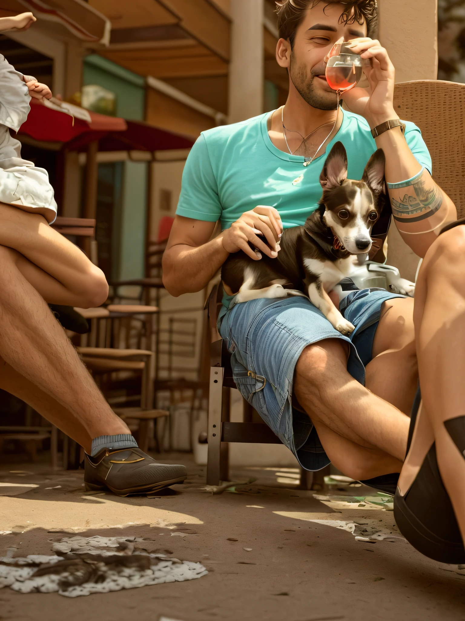 there is a man sitting in a chair with a dog and a glass of wine, with his hyperactive little dog, with small cat on lap, with dogs, small dog, very very low quality picture, getting his tacos and drink), friendly guy and small creature, eating outside, with stray dogs, chihuahua, babies in her lap, sitting on his throne