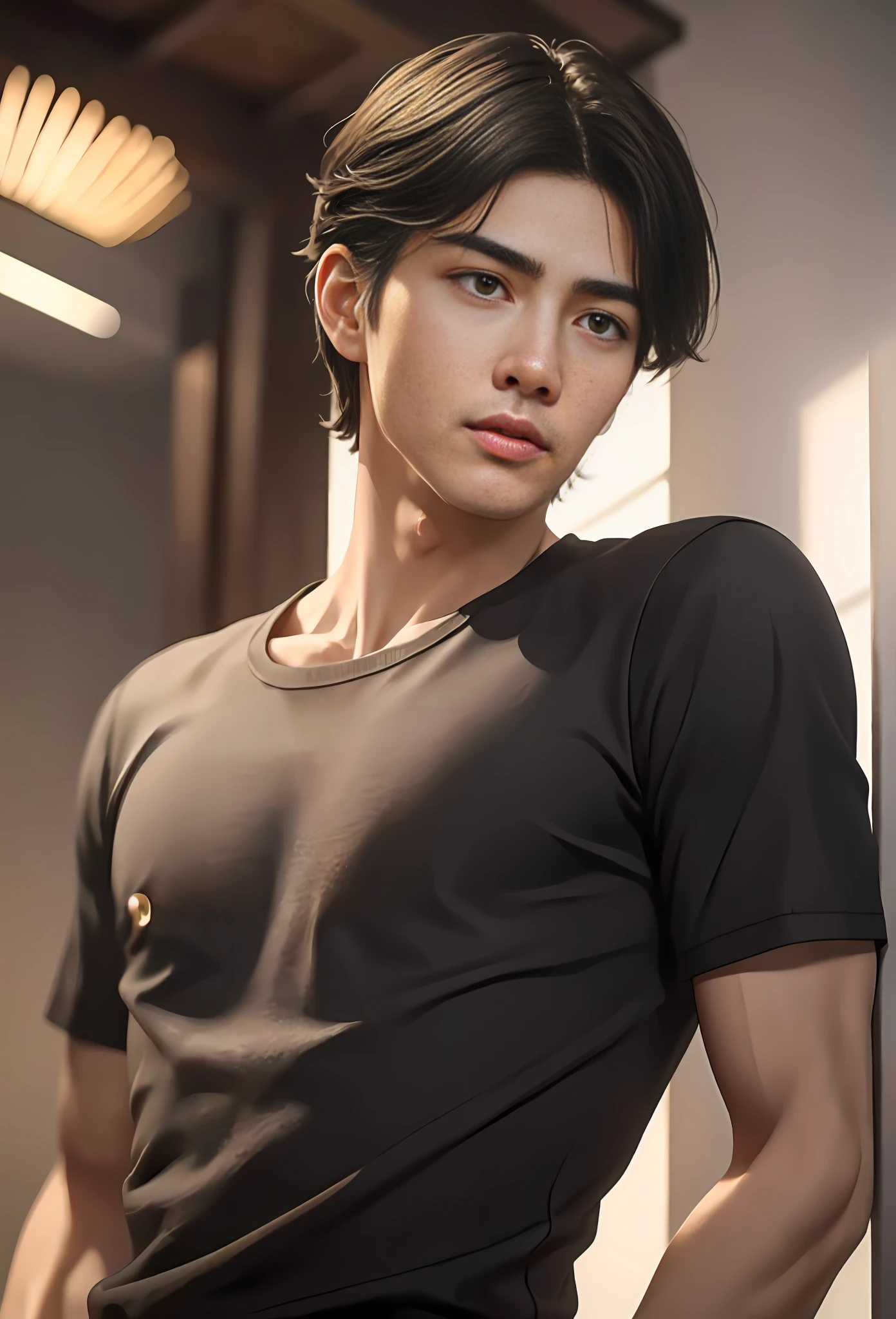 Masterpiece, best quality, (realistic, very detailed), boy, handsome face, short straight black hair, delicate and Asian face, ((Greek and perfect nose)), beautiful and fleshy lips, wearing simple casual clothes, sensual, atmosphere, (realism: 1.5), 8k