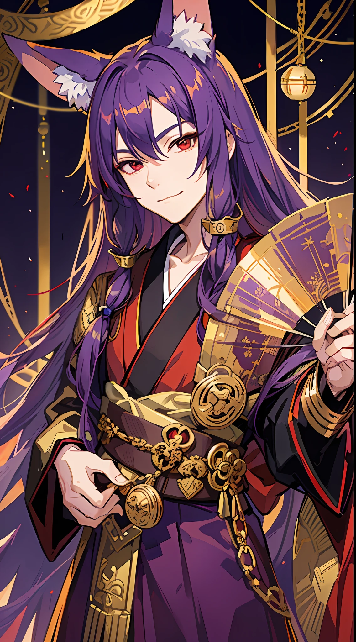  boy, long purple hair, fox ears, red eyes, kimono, fan, golden chains, smirk, masterpiece, high quality