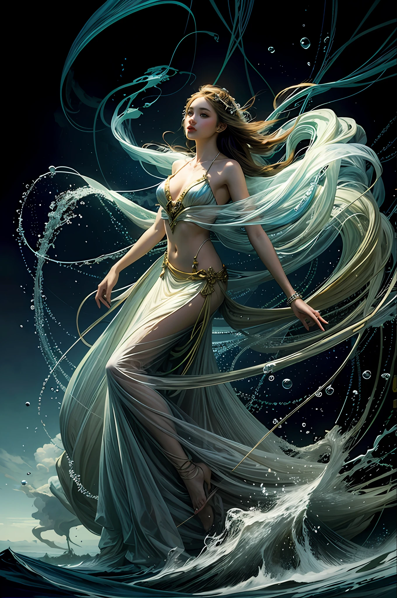 1girl,Beautiful,Magic Style,best quality,masterpiece,(rainbow-candy:0.8),(Half-body:1.3),Ocean,Cool Tone,low saturation,