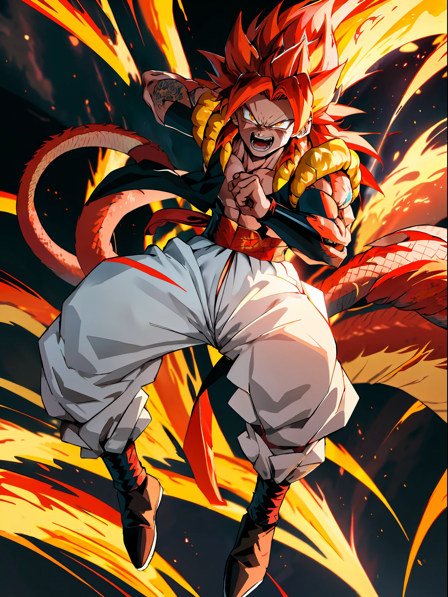 Ultra Supersayajin, long hair diamond yellow color and red eyes with black outlines painted around the eyes,white clothing with dragon tatoon print, open mouth screaming, fighting with another supersayajin with red hair, lots of fury against enemy, scenery in heaven and earth destroying everything