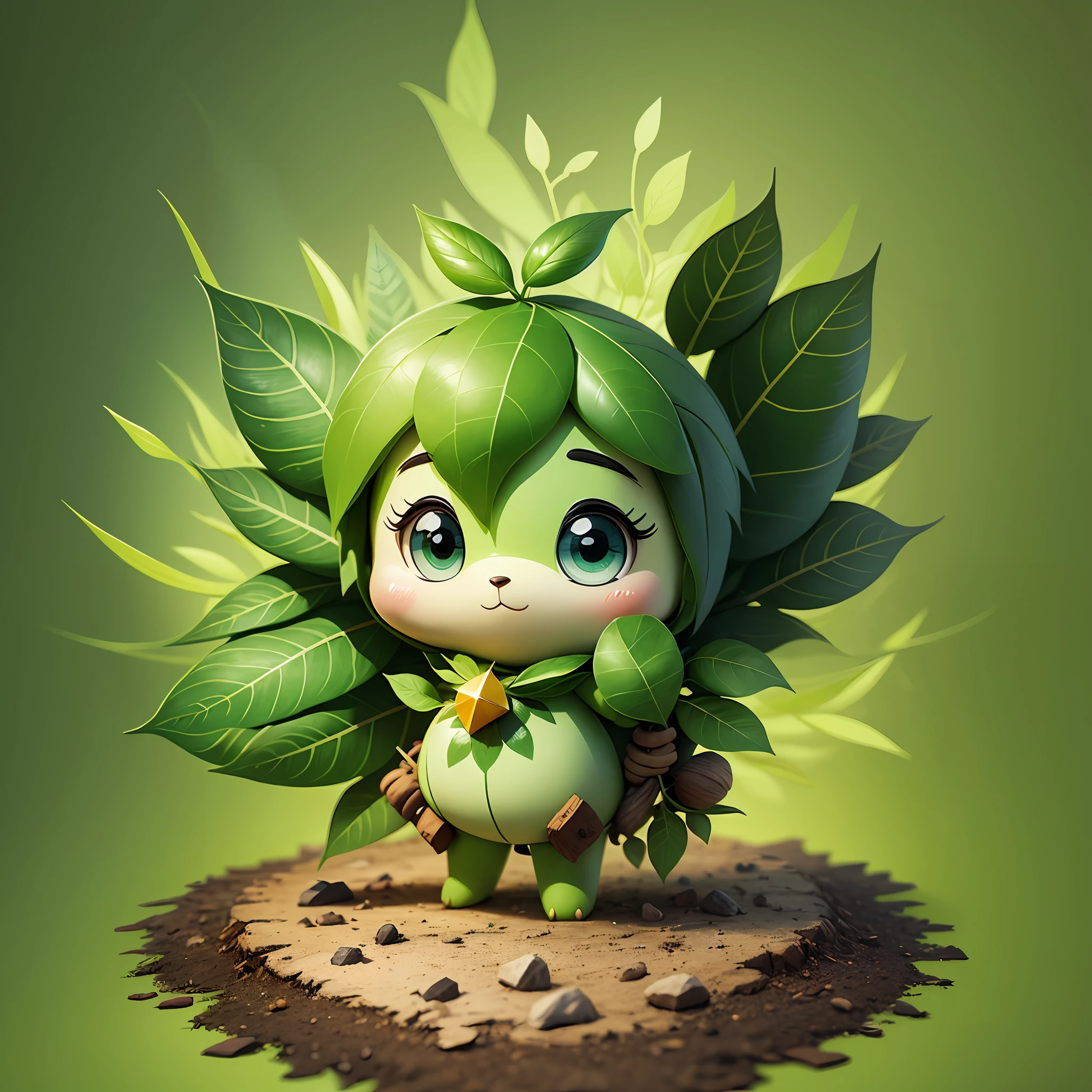 A cartoon character with green and leafy elements, cute
