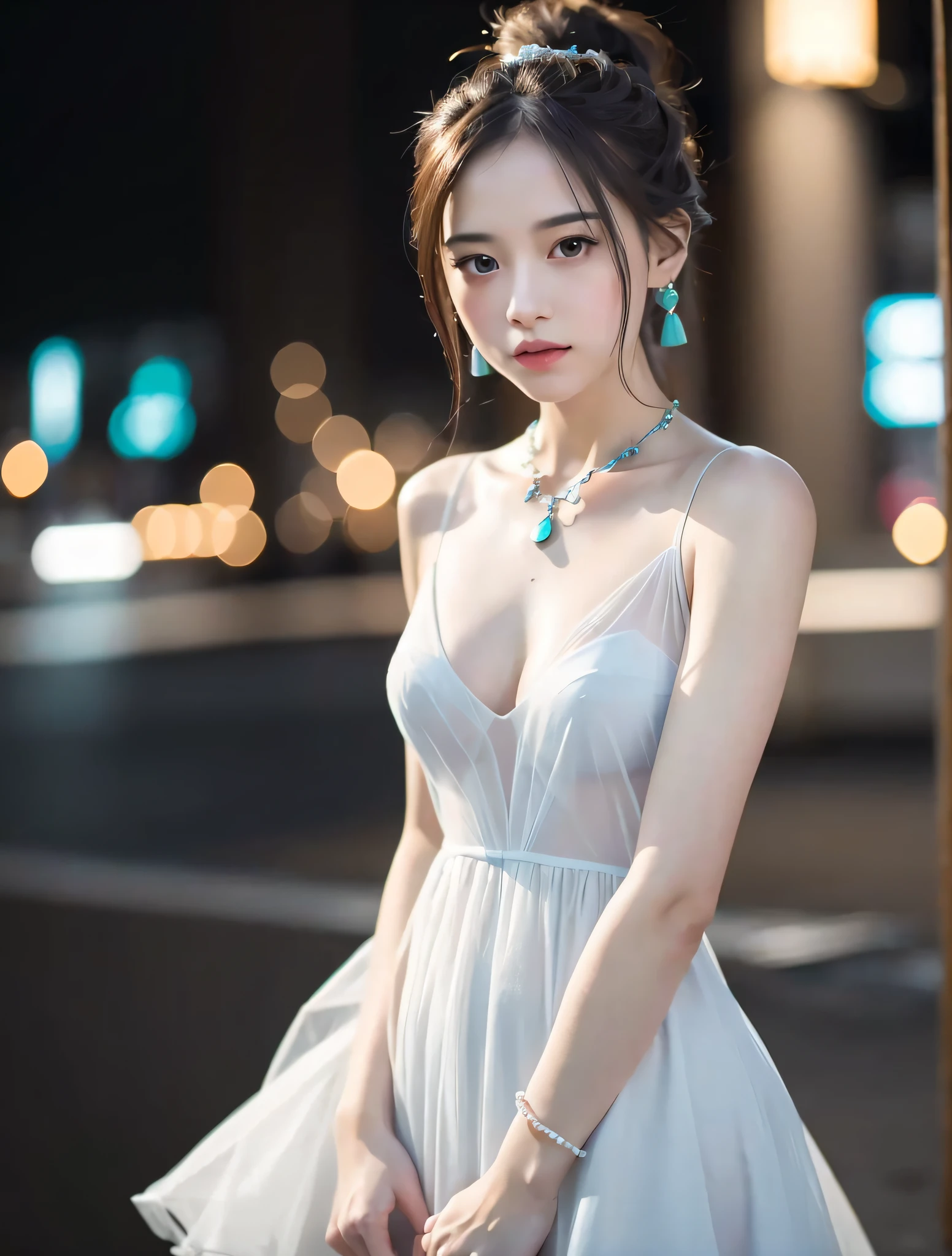 (Standing on a dark street), (Street lamp), (Low key lighting), (Night), Casual pose, (Extremely delicate and beautiful work), (Masterpiece), 1girl, a girl in a transparent tulle white dress, highly detailed, leaky waist, ponytail twist, feminine expression, beautiful clear eyes, turquoise pupils, delicate necklace, delicate earrings, fairy ears, simple bokeh background, extreme detail description, beautiful, charming, super fine painting, delicate face, delicate figure, delicate collarbone, cute lips, Pretty Breasts, Behind the Soft, mix4,(8k, RAW photo, best quality, mastery:1.2), (realistic, photo-realistic:1.37),1girl,cute,cityscape,night,raw,wet,professional lighting,photon mapping,radiosity,physically based rendering,