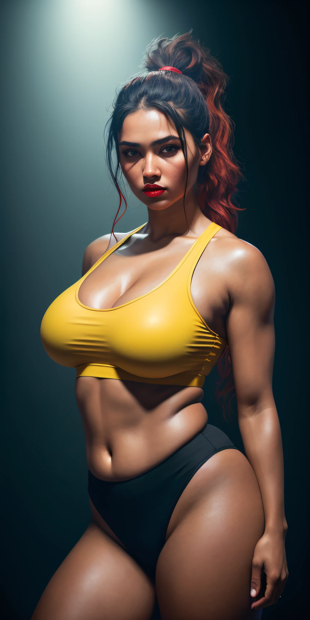(BishoujoMom: 1.5), wearing gym clothes, opening legs, (((large breasts, neckline))), ((thick thighs, hourglass figure)), (black skin), (nipple lozenges: 1.5) ( (thick and red lips)), ((yellow eyes)), ((long ponytail)), ((black hair)) full body, photorealism, photo, masterpiece, realistic, realism, photorealism, high contrast, photorealism trend digital art on Artstation 8k HD high definition detailed realistic, detailed, skin texture, hyper-detailed, realistic skin texture, armor, best quality, ultra high resolution, (photorealism: 1.4), high resolution, detailed, raw photo, sharp re, by lee jeffries nikon d850 film Photo Bank 4 Kodak Portra 400 Camera F1.6 Lens Rich colors Hyper realistic Realistic texture Dramatic lighting Unreal engine Trend in the arts station Cinestill 800, Full body photography