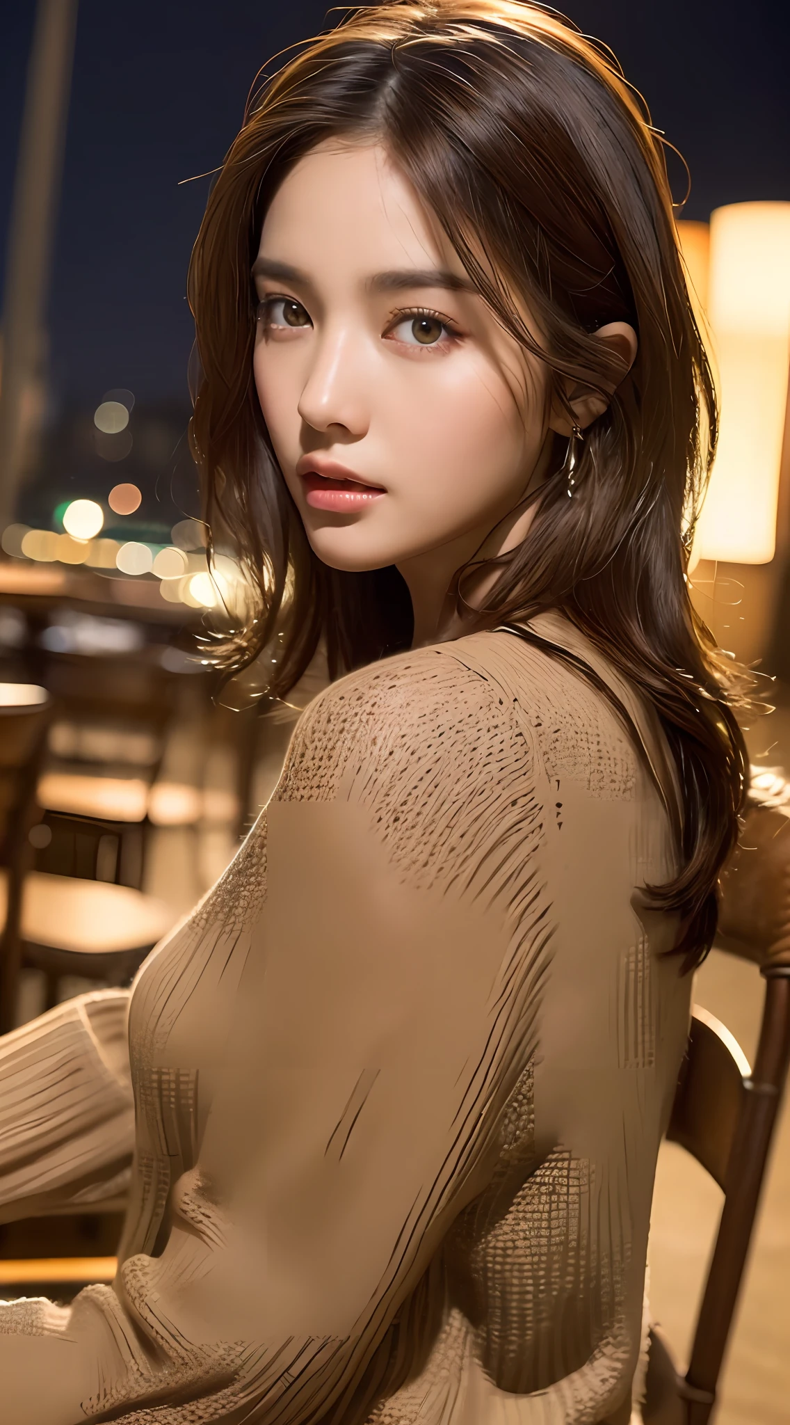 ((Night Scene, Realistic Light, Best Quality, 4K, Masterpiece: 1.3)), 1 Girl, Slim Body Beauty: 1.4, (Brown Hair, Middle Breast: 1.3), Knitted Sweater, Chair, Ultra Detailed Face, Detailed Eyes, Double Eyelids, Back View
