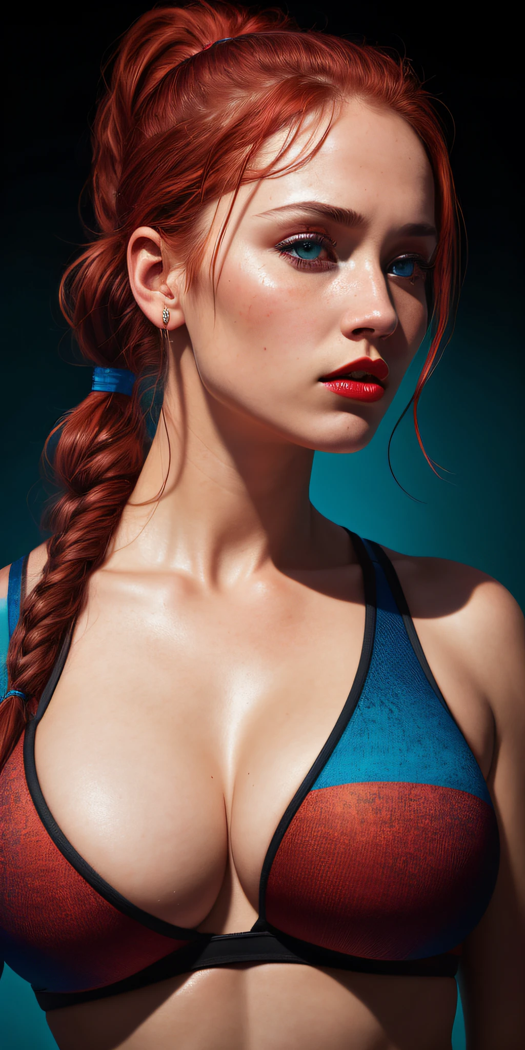 (BishoujoMom: 1.5), wearing gym clothes, opening legs, (((large breasts, neckline)))), ((thick thighs, hourglass figure)), (topless), (nipple lozenges: 1.5) ( (thick and red lips)), ((blue eyes)), ((long ponytail)), ((red hair)) photorealism, photo, masterpiece, realistic, realism, photorealism, high contrast, photorealism trend digital art on Artstation 8k HD high definition detailed realistic, detailed, skin texture,  Hyper-detailed, realistic skin texture, armor, best quality, ultra high resolution, (photorealistic: 1.4), high resolution, detailed, raw photo, sharp re, by Lee Jeffries Nikon D850 Film Photo Bank 4 Kodak Portra 400 Camera F1.6 Lens Rich colors Hyper realistic Realistic texture Dramatic lighting Unreal engine Trend in the arts station Cinestill 800,