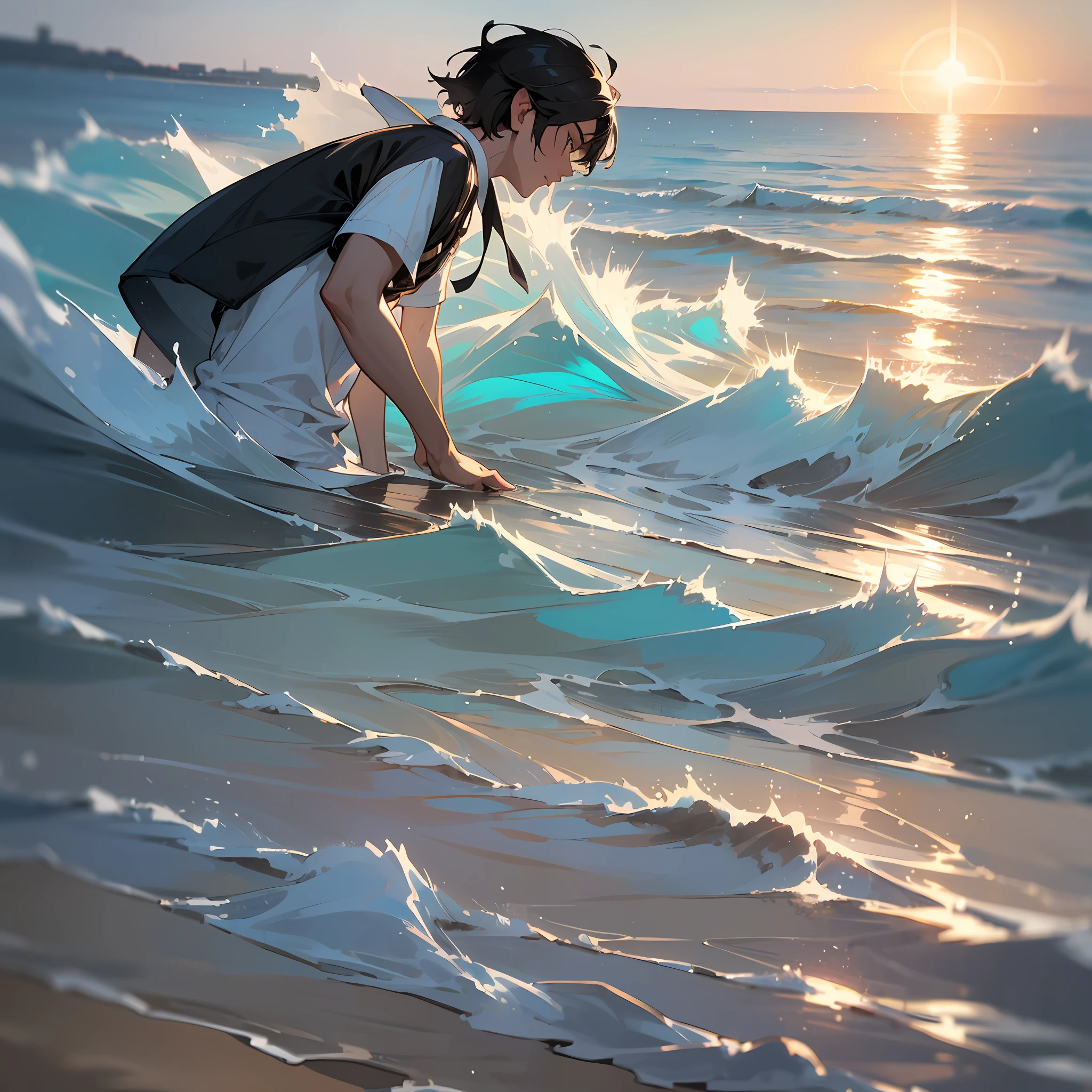 (Men, black hair: 0.9, rich in detail, seaside, black and white: 1.2, sunlight: 1.1) Hyper-detailed, portrait photo, man wearing black short sleeves, black 37 minutes short hair neatly combed, straight features, gentle eyes. He stands on the beach with a spectacular seascape in the background, the waves crashing against the shore, and the sun shining on his face, forming a beautiful black and white photograph. The photo is full of detail and sunlight, presenting a calm and welcoming feeling. (Boutique: 1.2) --auto --s2