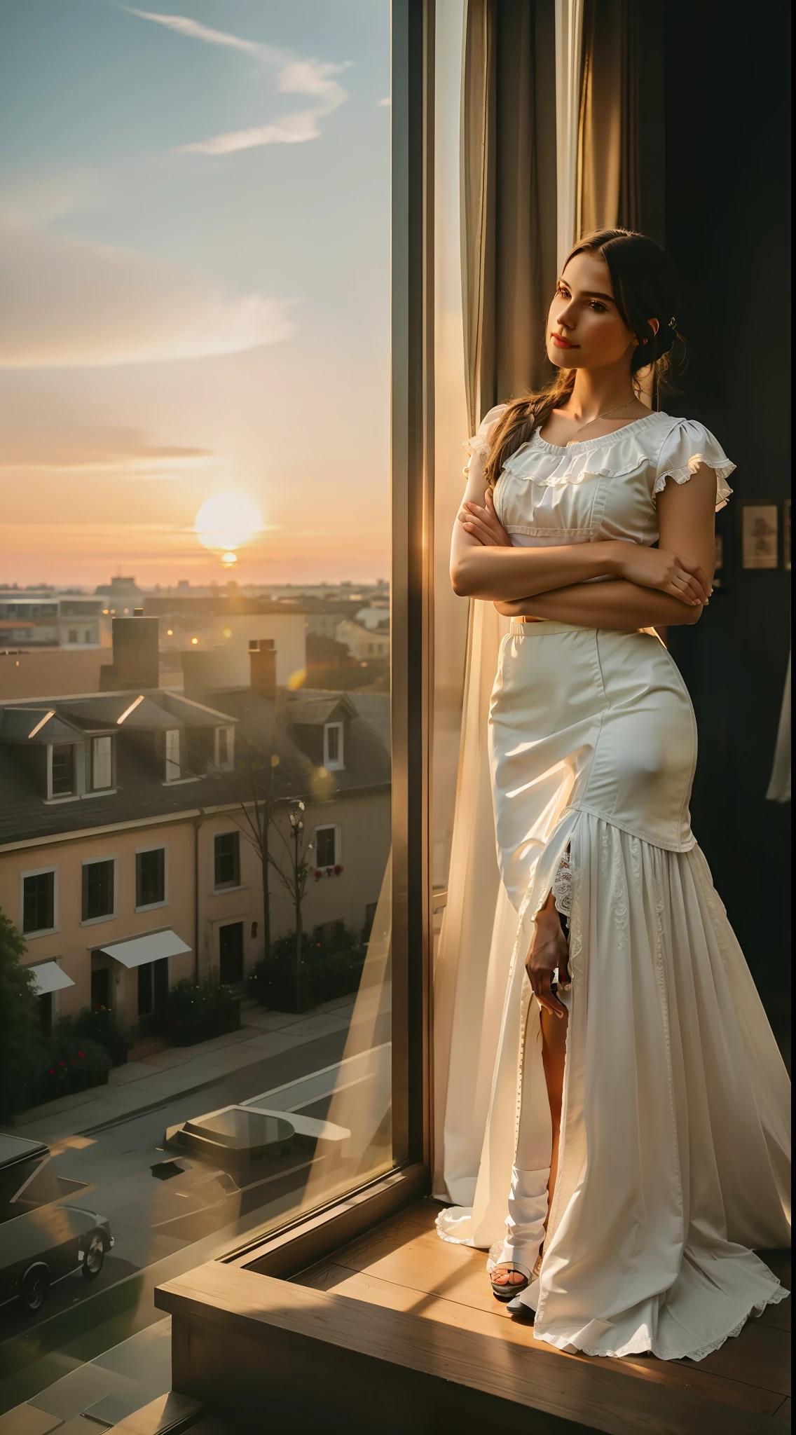 Pure and cute student model in front of the window, the sky is a magnificent sunset, In front of it is a row of white fences, Monet's garden, the fence is covered with delicate roses, The colors of roses are colorful, The whole picture is romantic, realistic, high detail, realism, chromatic aberration, chiaroscuro, , Award-winning photos, Unreal Engine 5, cinematic smooth,