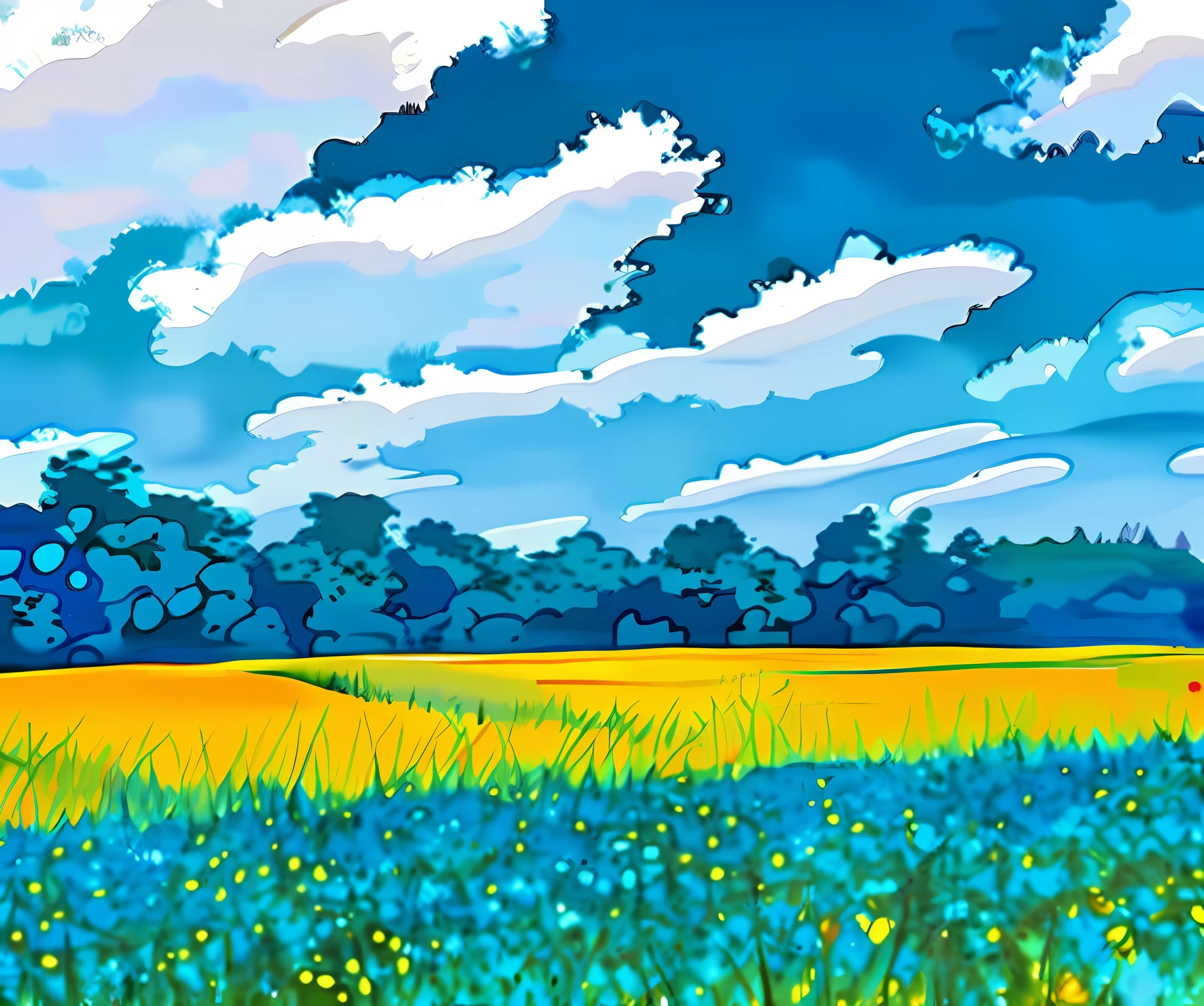 Watercolor painting, blue sky, sunny, few clouds, tranquility, field of flowers, comics style.