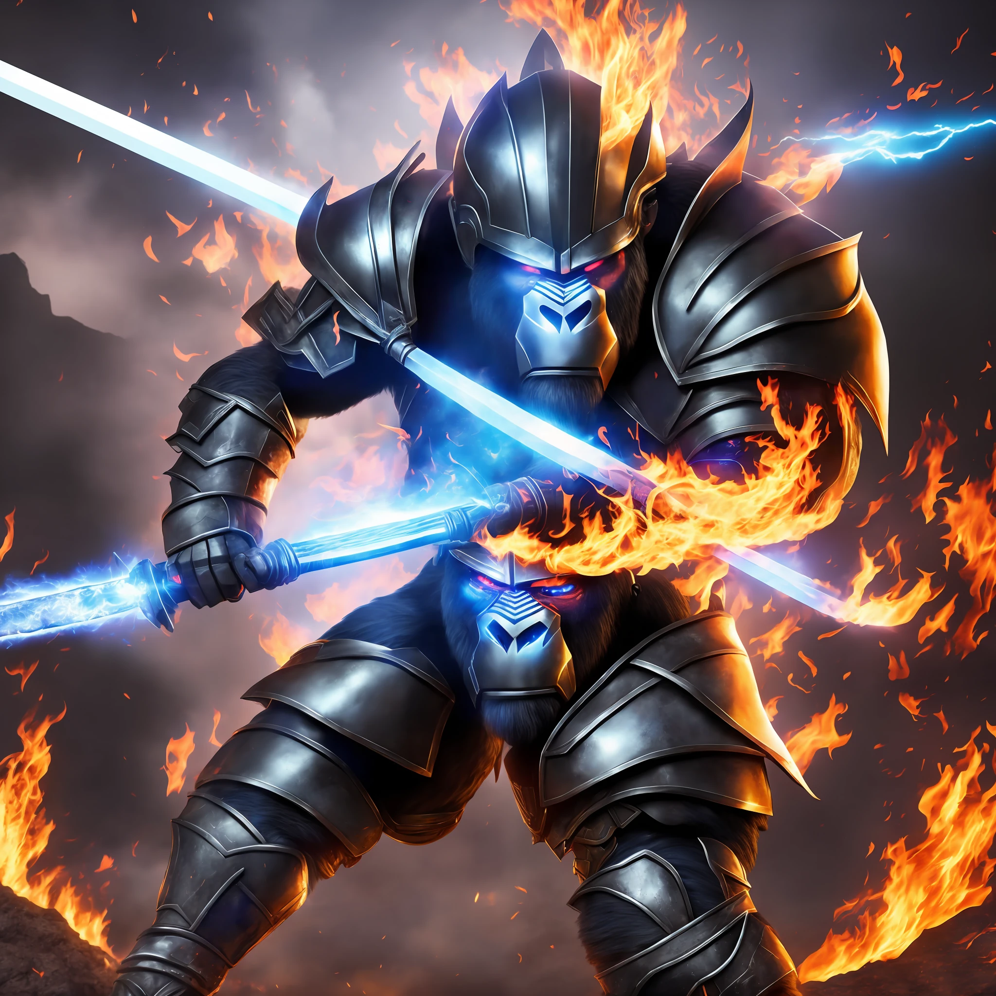 Art hyper realistic cartoon 4k style rpg A man jumping full body action with. helmet burning with internal fire whole body with a scar on the eye and a watch inside the eye, with the armor with blue fire inside and shadows on the outside and the spear of Trium holding the head of another gorilla with a helmet on a completely black background