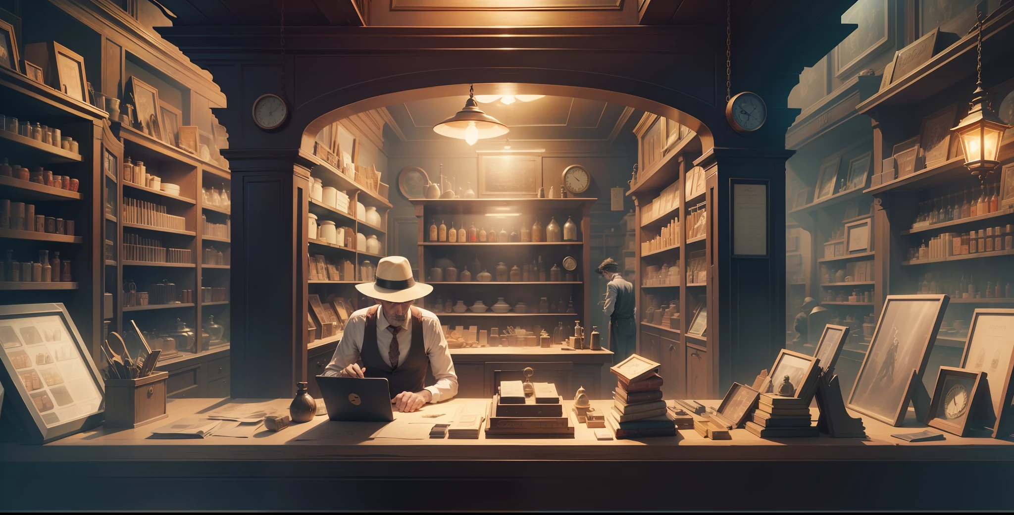 a magic shop, a lonely man behind the shop counter, Surrealism, Surrealism, Surrealism, cinematic lighting