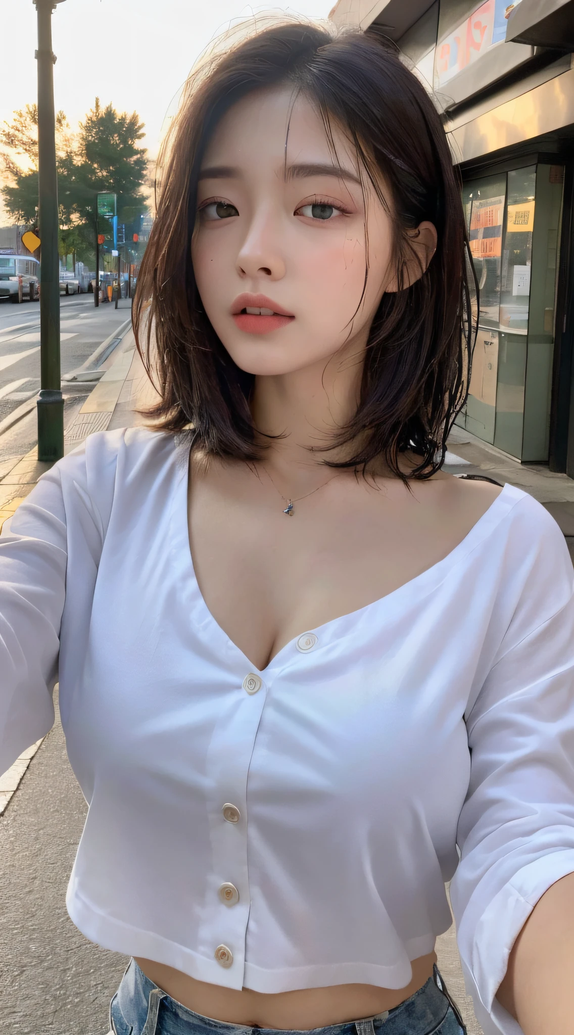 ((Best Quality, 8K, Masterpiece: 1.3)), Sharp: 1.2, Perfect Body Beauty: 1.4, Slim Abs: 1.2, ((Layered Hairstyle, Big Breasts: 1.2)), (Wet White Button Long Shirt: 1.1), (Rain, Street: 1.2), Wet: 1.5, Highly detailed face and skin texture, detailed eyes, double eyelids, side face looking at the camera