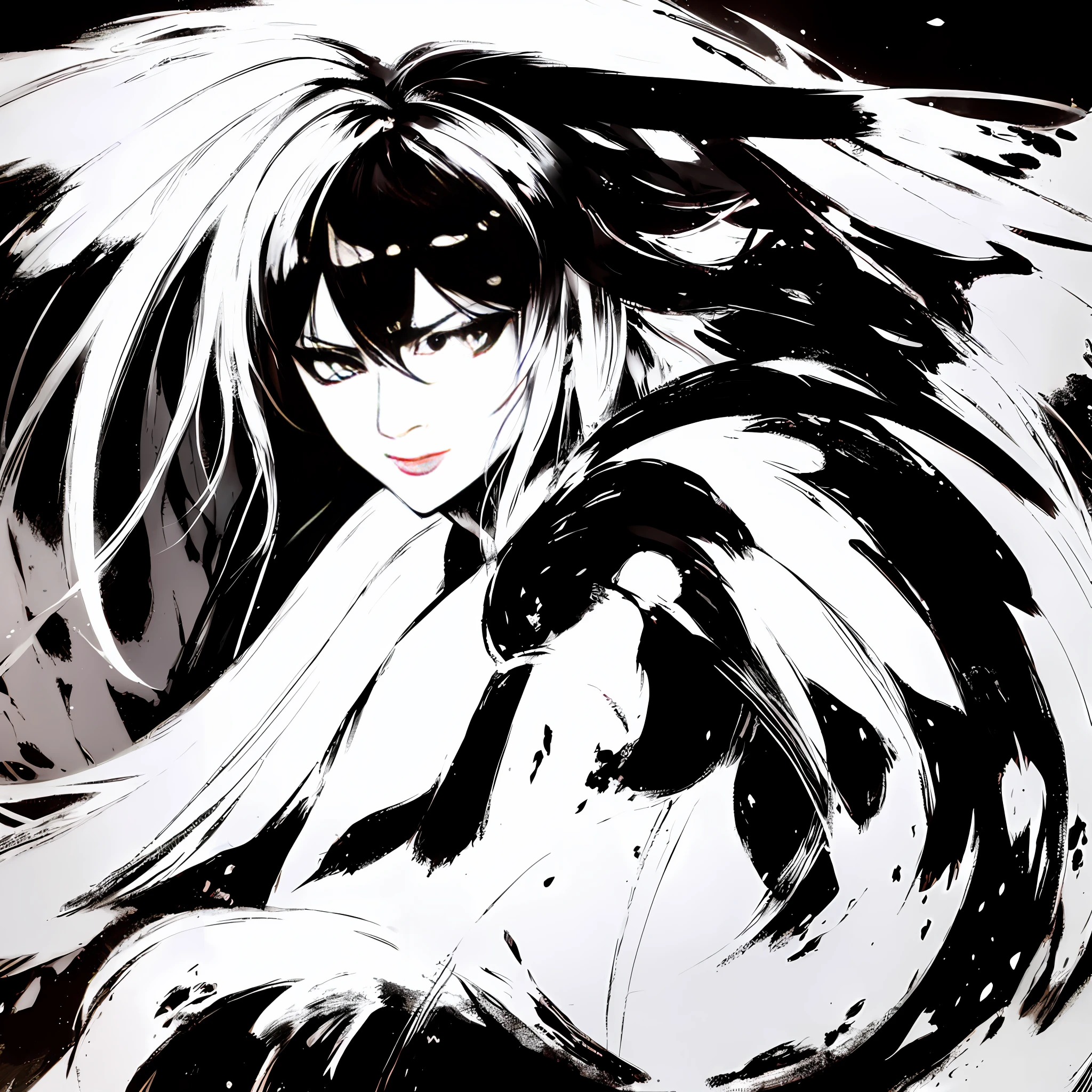 Pen black and white manga, grayscale, Japanese master black and white anime works, great line art, full body portrait of a woman with white hair and white skin from Kushanji, real dim light and shadow, light and shadow following, beautiful figure painting, height 180cm, Guviz, Guwiz style artwork, white hair god, Yang J, epic exquisite character art, amazing character art, Fan Qi, Wu Jun Shifan, Guwiz at Pixiv Art Station