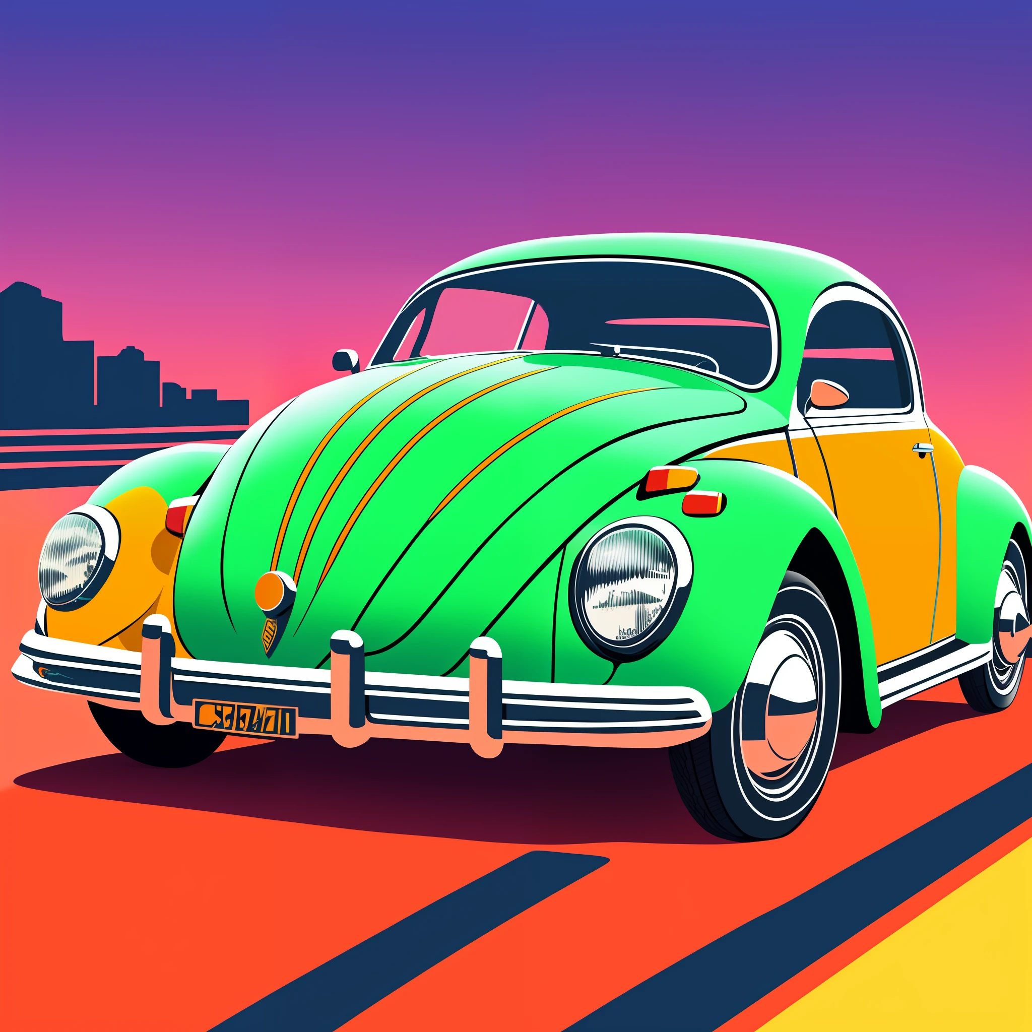 T-shirt graphic design art, flat design of a retro Beetle car, classic, Brazilian street, colorful tones, highly detailed cleaning, vector image, photorealistic masterpiece, professional photography, realistic car, simple sunrise