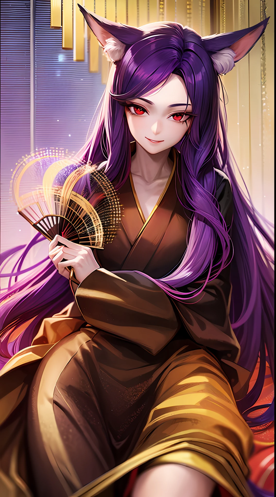 Young boy, long purple hair, fox ears, red eyes, kimono, fan, golden chains, smirk, masterpiece, high quality