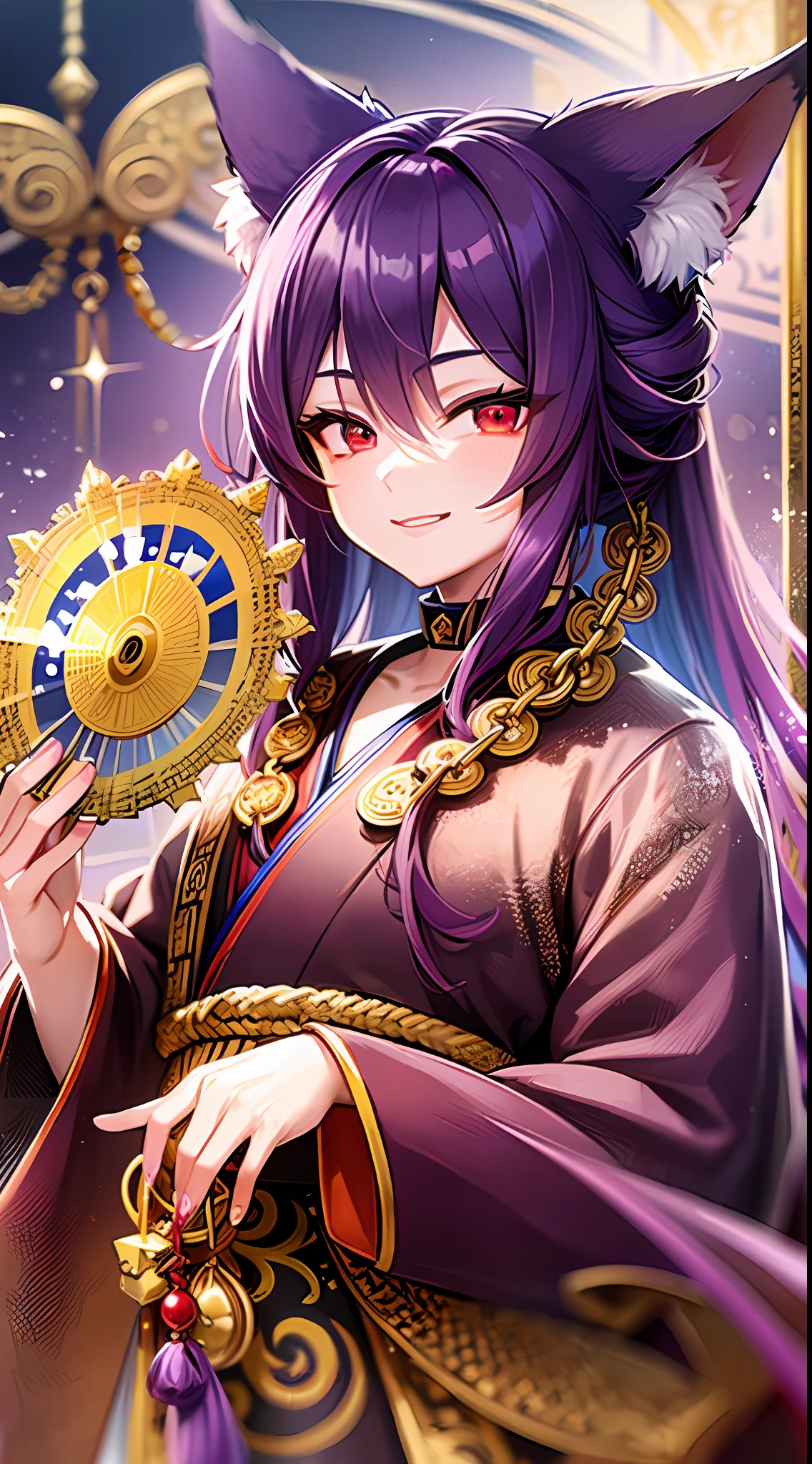Young boy, long purple hair, fox ears, red eyes, kimono, fan, golden chains, smirk, masterpiece, high quality