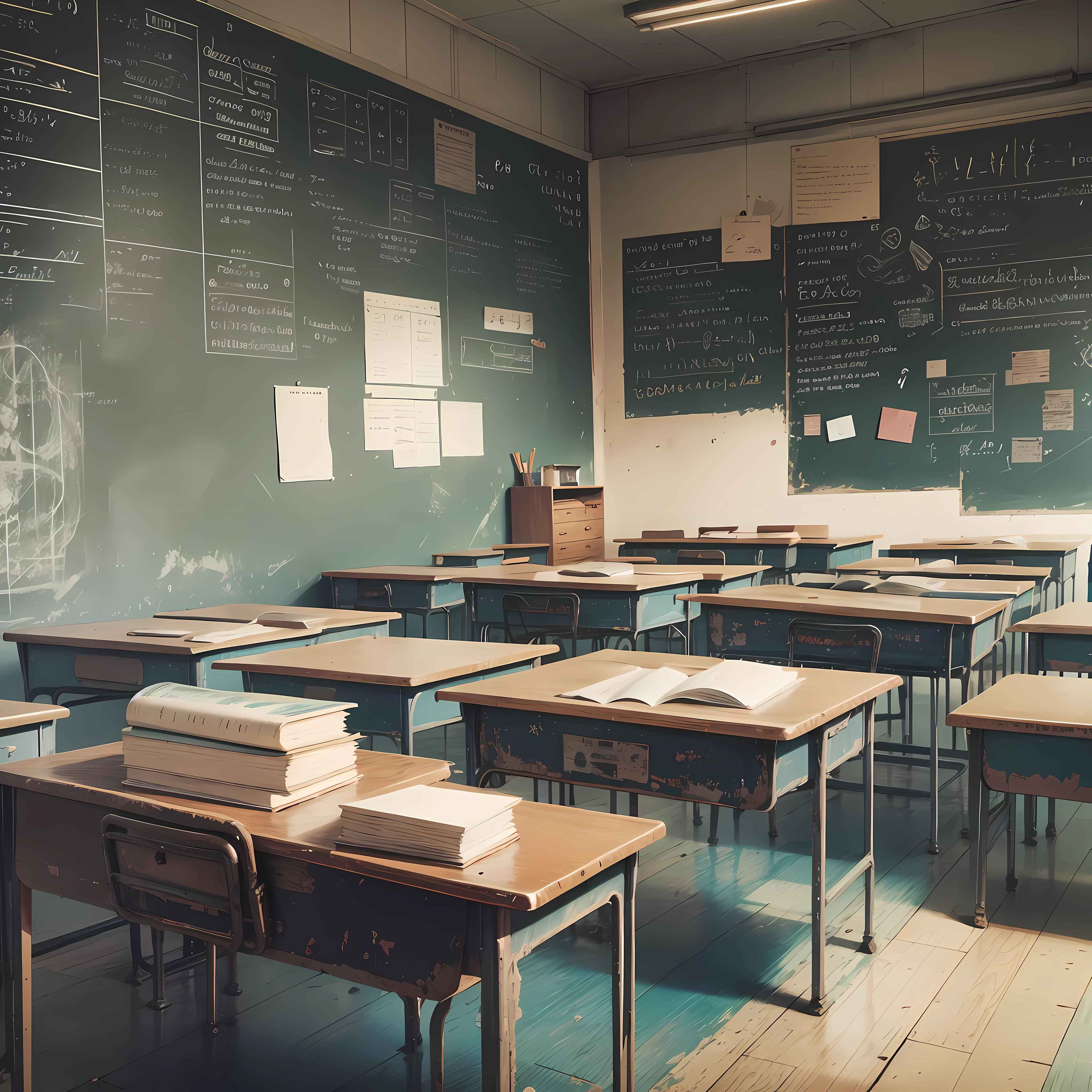 Souvenir, Empty classroom, old teacher's desk, old walls, black quado with math, old student chairs and desks, painting style --auto --s2