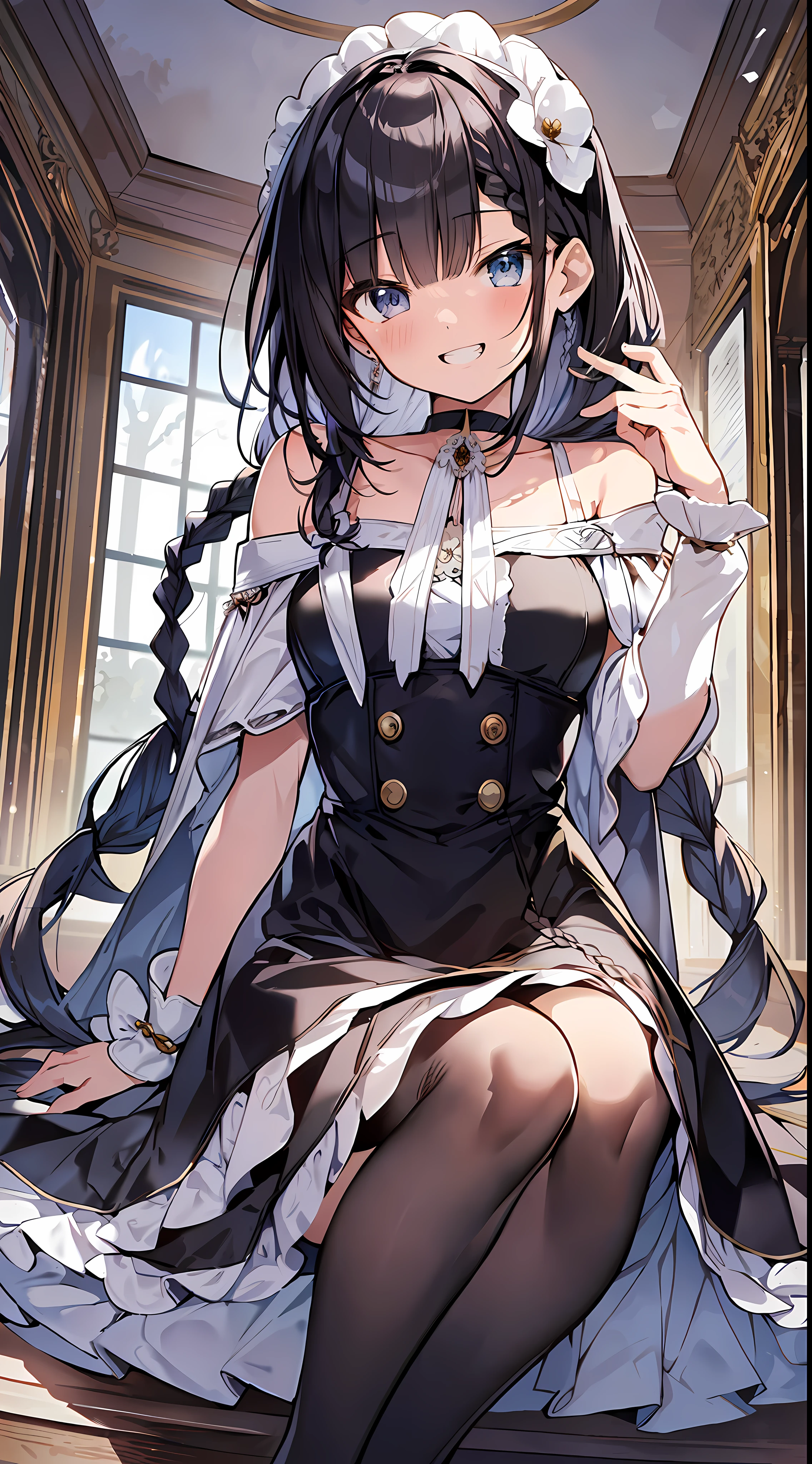 Best Quality, Best Masterpiece, Ultra High Definition, 8k, Wedding Dress, Shojo Manga Style Loli, Single, Soft Line Art, Digital Enhancement, Shoujo Manga Touch, Shoujo Manga Core, Flowing Fabric, Close Up, ((Hair length to shoulder and short braid)), staring at us from the front, soft drawing, Beautiful black hair, Clear eyes, grin, teeth, wide mouth, ultra-detailed digital anime art, clear face depiction, ultra-detailed shoujo manga character art, ultra-detailed manga style, top quality colors, hand gestures, foot-up angles, indoor