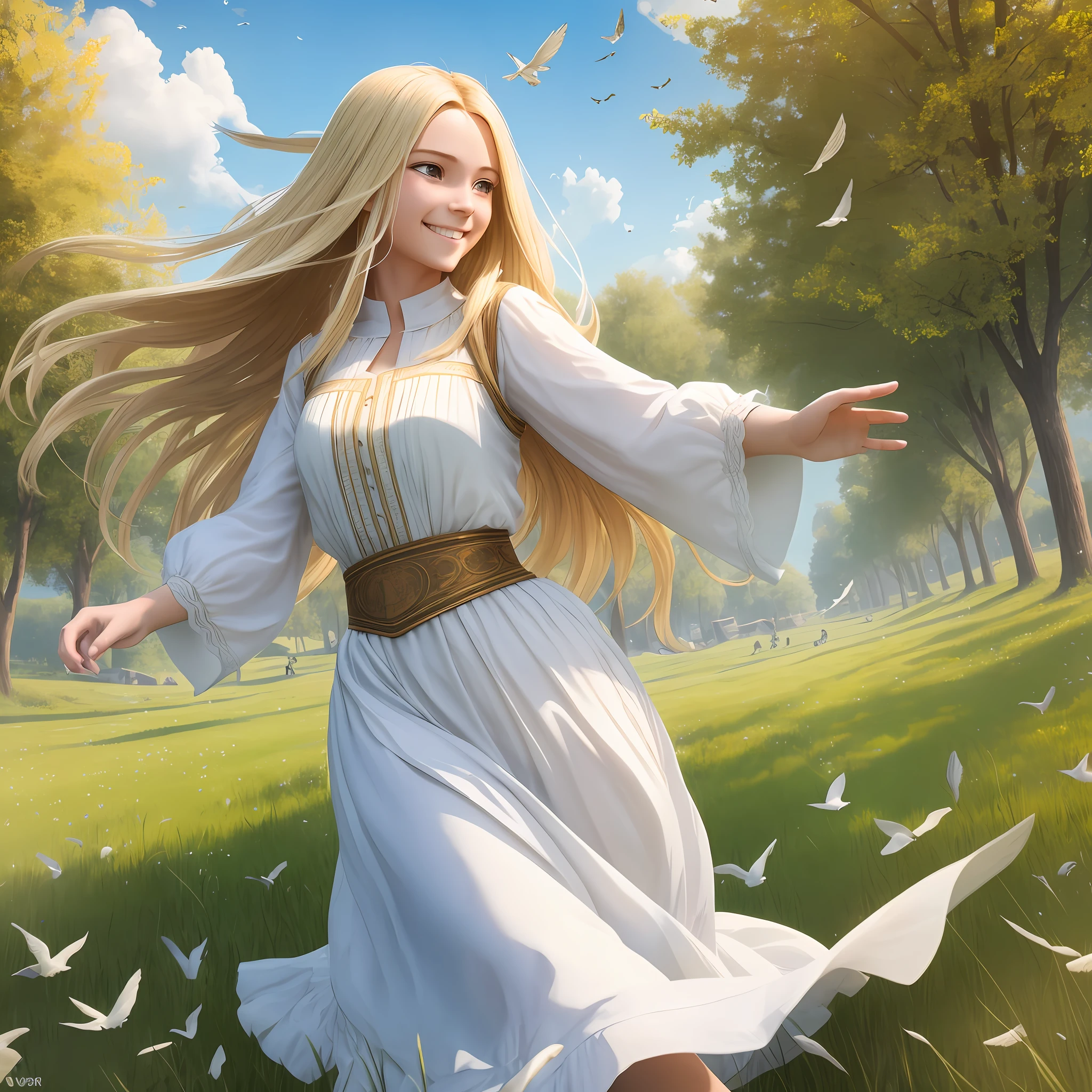 It generates an image of a young woman with long blonde hair, her own long clothes and composed of a peasant, running on the grass, with birds flying over her, under a blue sky, clear sun, she smiling and happy, 3D, 8K, illustration type, no nudes, upscale --auto --s2