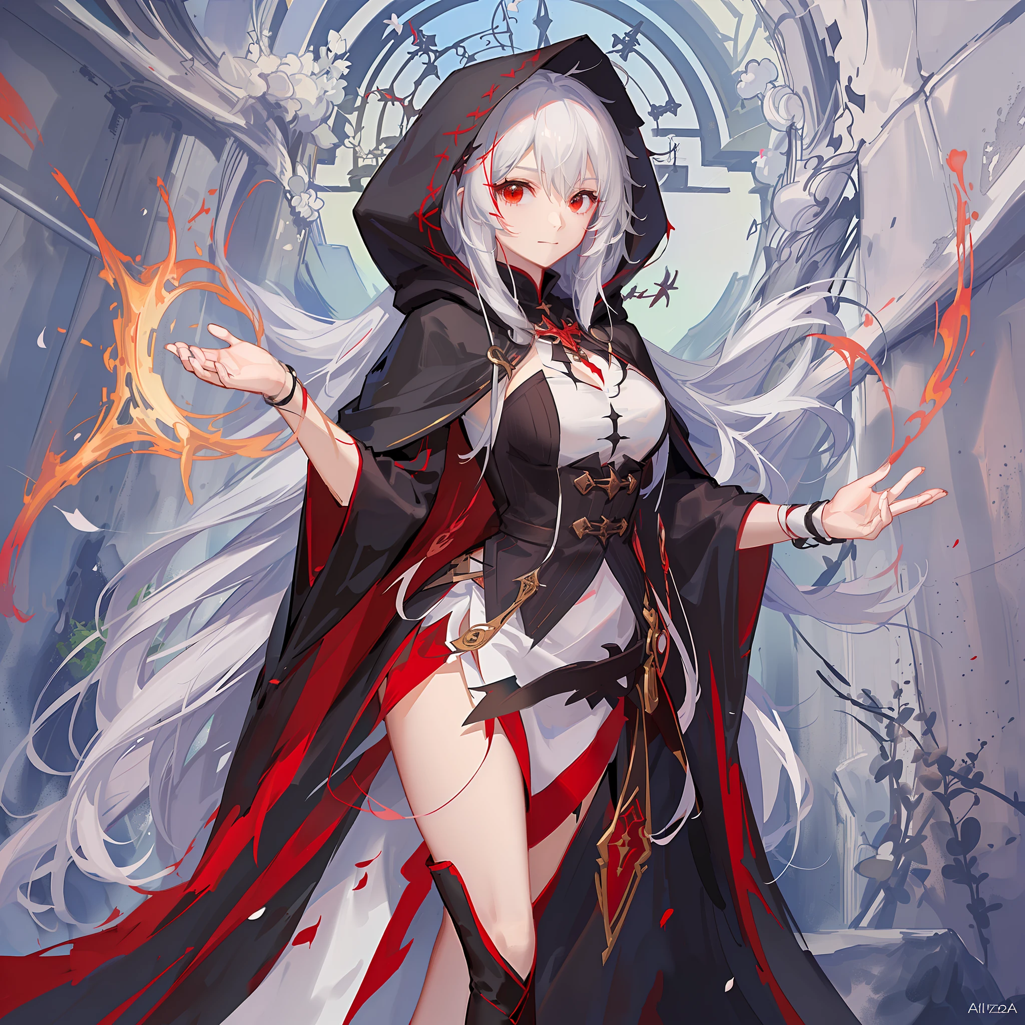 Maiden, round red thread striped black robe, hood, cape, red eyes, long white hair, faint smile, standing posture, full body, mage, holy girl