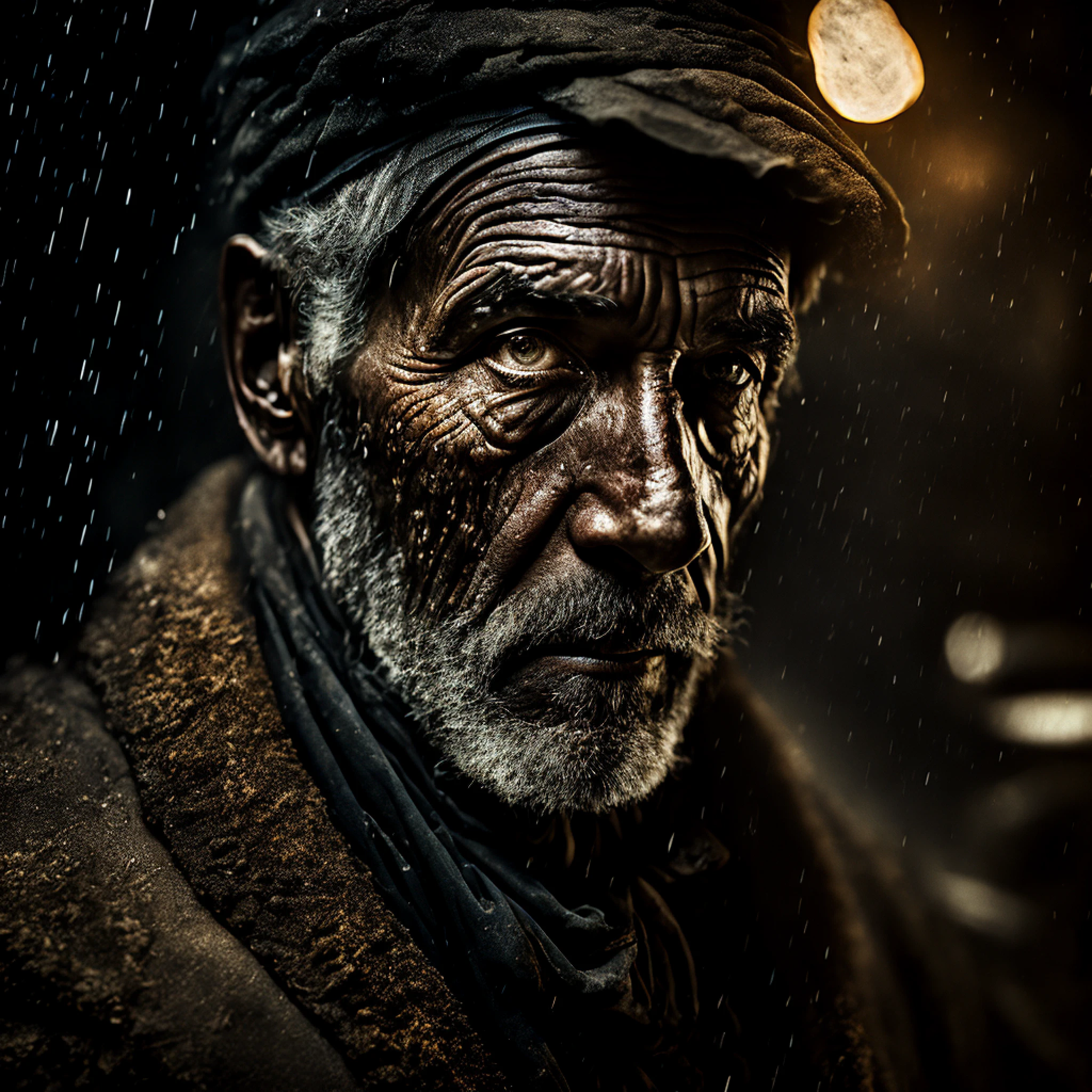 macro crisp quality, wet plate photograph close up of black factory worker in Victorian era boiler room, rough skin, sad eyes, sparkles, age 64, coal dust in the air, unreal engine, UE5, cinematic, very detailed, sony A7iii, 85mm prime, f/1.8, octane render + hyper realistic, Photograph