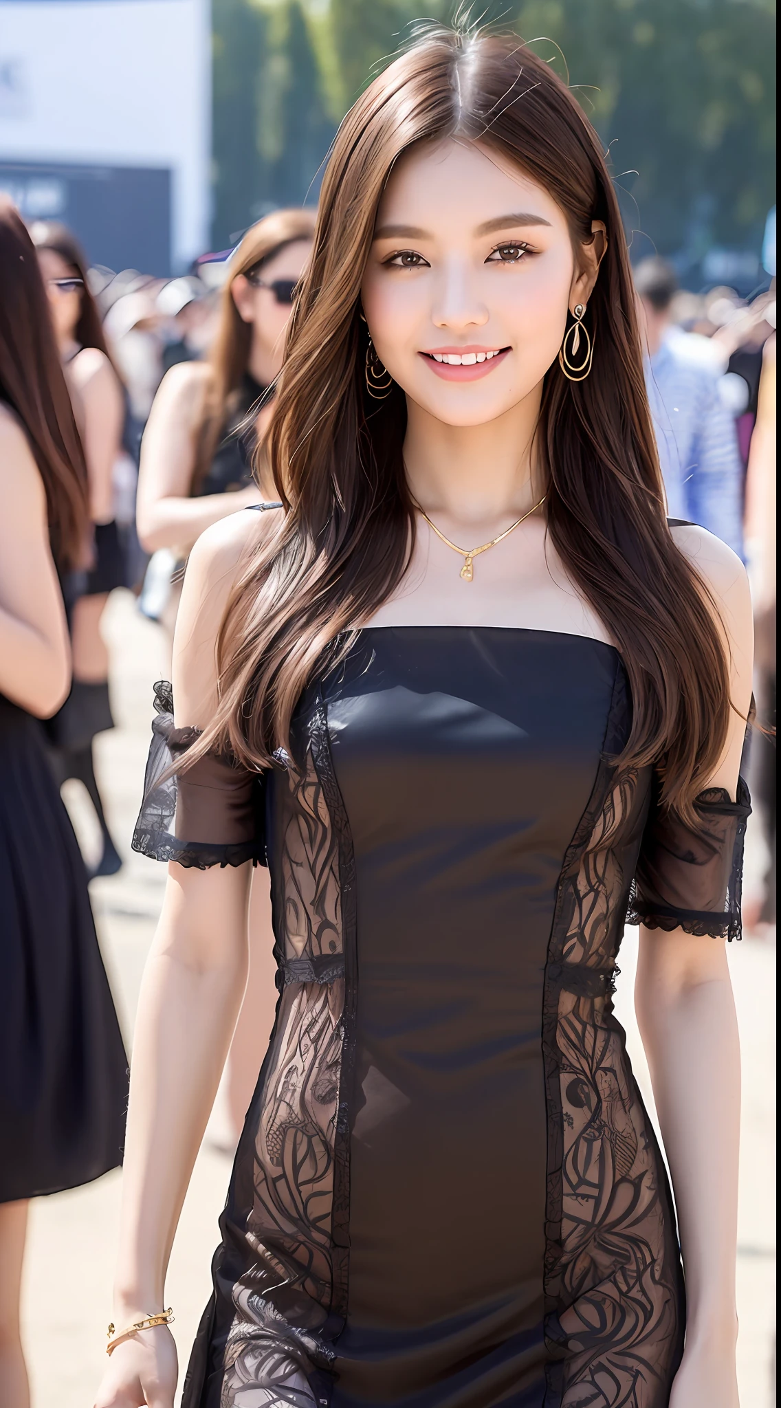 ((Best Quality, 8k, Masterpiece: 1.3)), 1 Girl, Smile, Full Body, Slim Face, Beautiful Woman, (Dark Brown Hair), Full Length Dress :1.1, Super Detailed Face, Detailed Eyes, Double Eyelids, Blurred Background, Coachella Festival