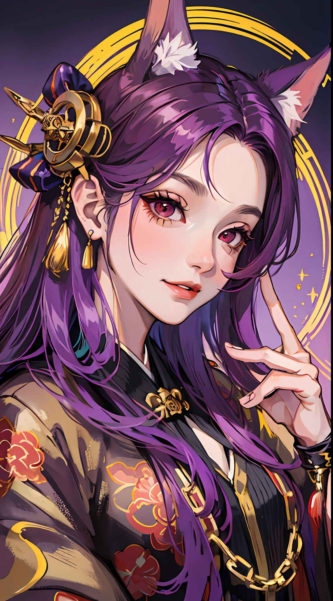 Young boy, long purple hair, fox ears, red eyes, kimono, fan, golden chains, smirk, masterpiece, high quality