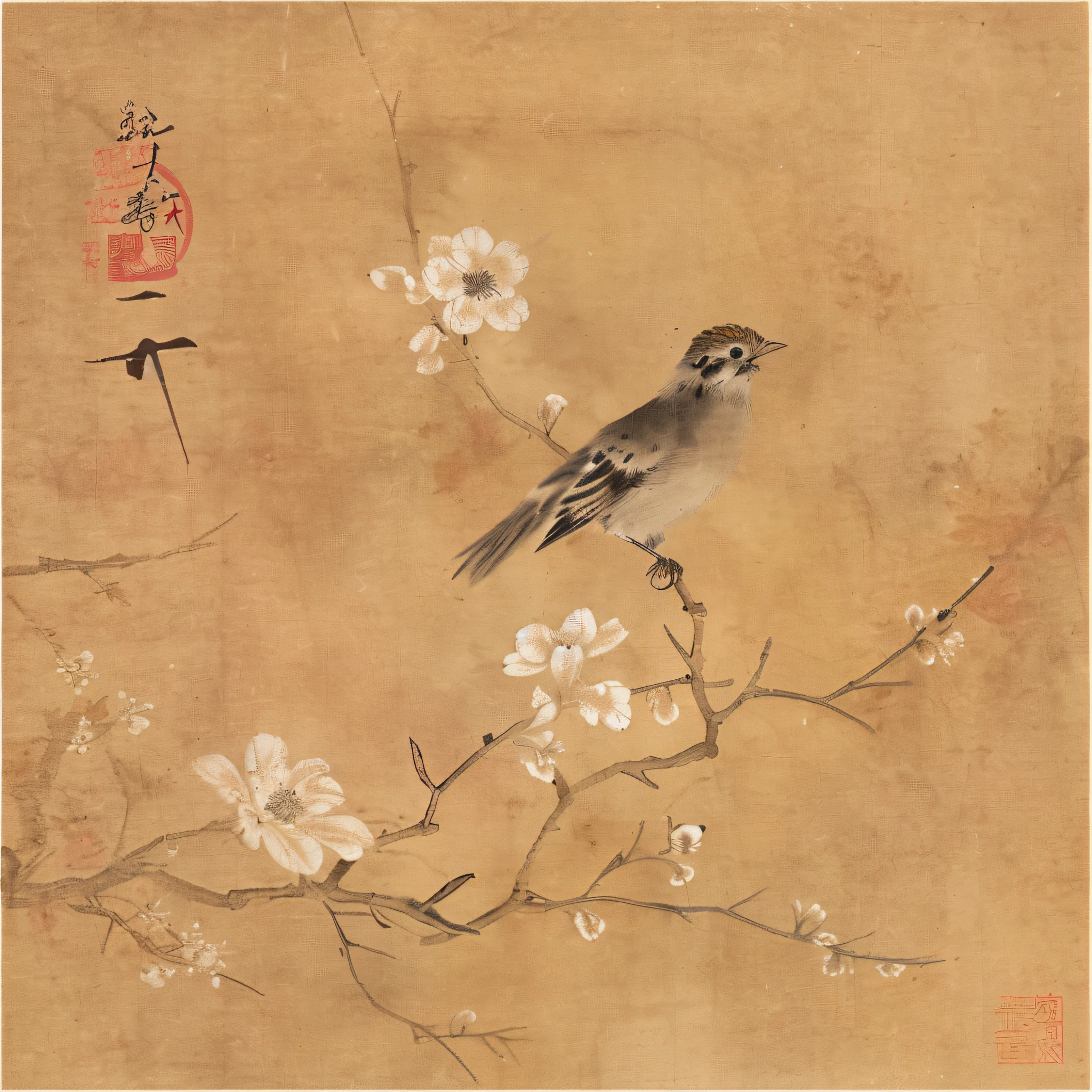 there is a bird sitting on a branch of a tree, song dynasty, by Gu Kaizhi, plum blossom, by Ma Yuanyu, by Sesshū Tōyō, by Kōno Bairei, by Gu An, by Tani Bunchō, inspired by Katsushika Ōi, by Lü Ji